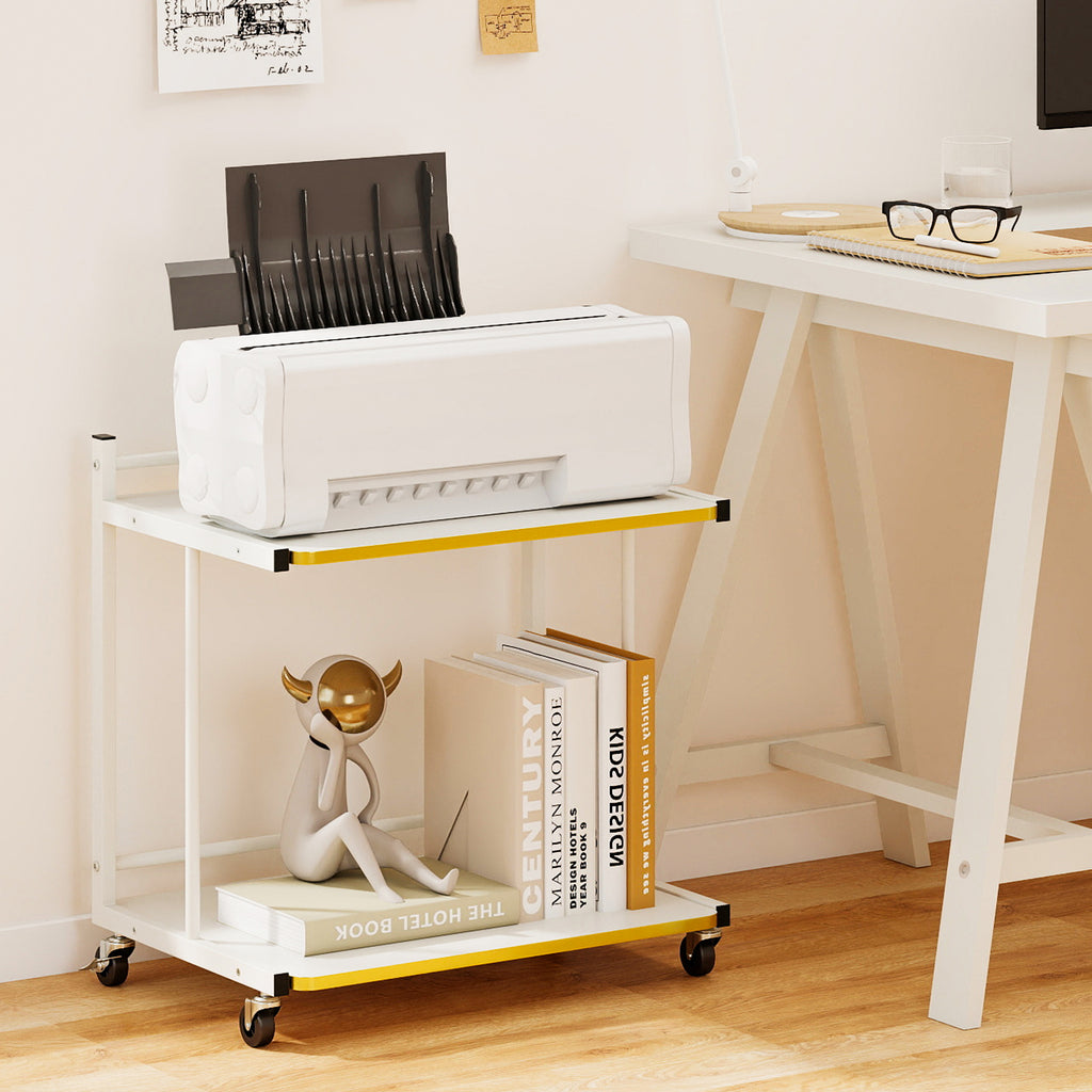 Mobile Side Table with Open Shelves & Golden Trim – White