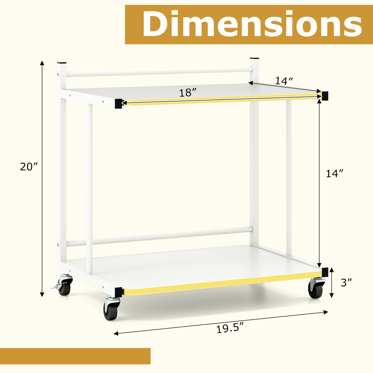Mobile Side Table with Open Shelves & Golden Trim – White
