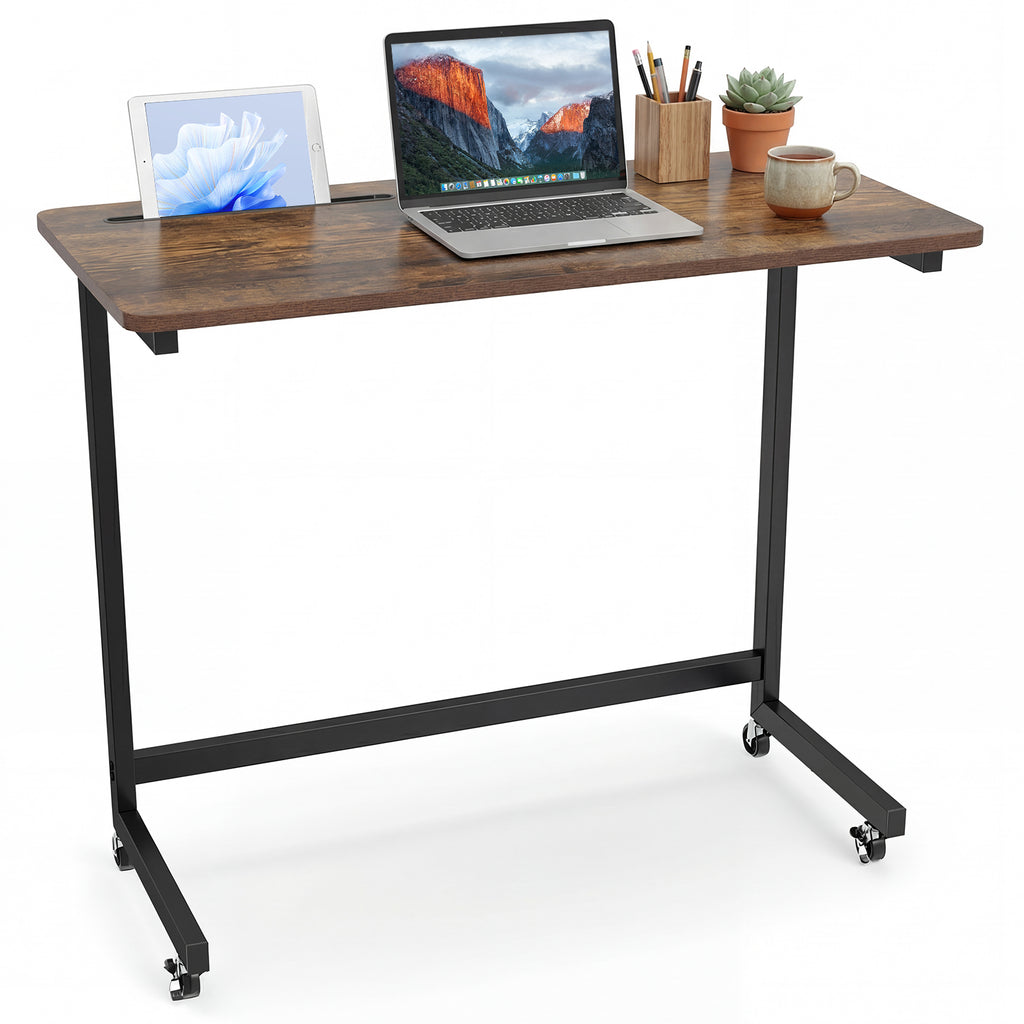 C-Shaped End Table with Adjustable Desktop and Wheels, Brown