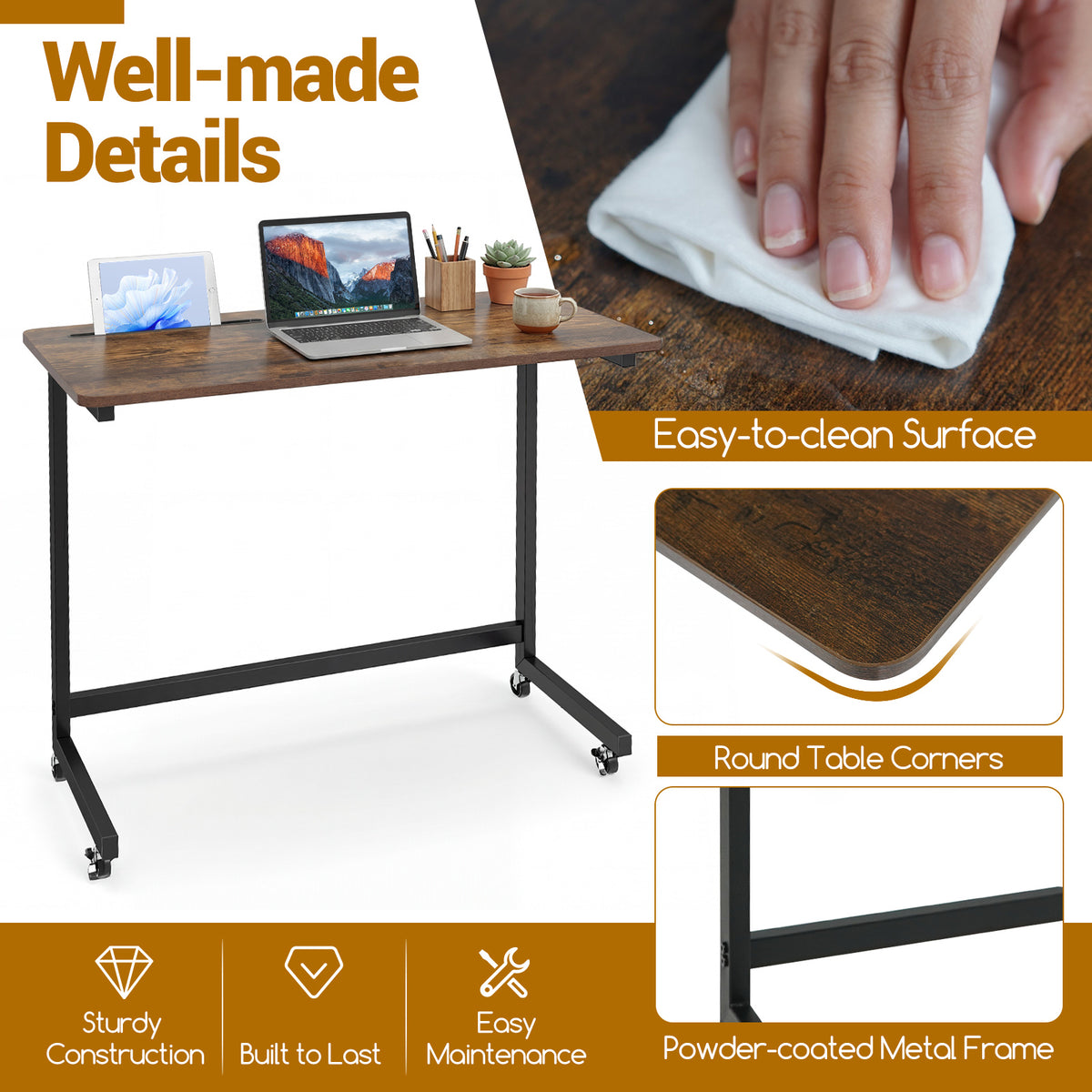 Mobile Laptop Desk Cart with Tablet Slot, Rustic Brown
