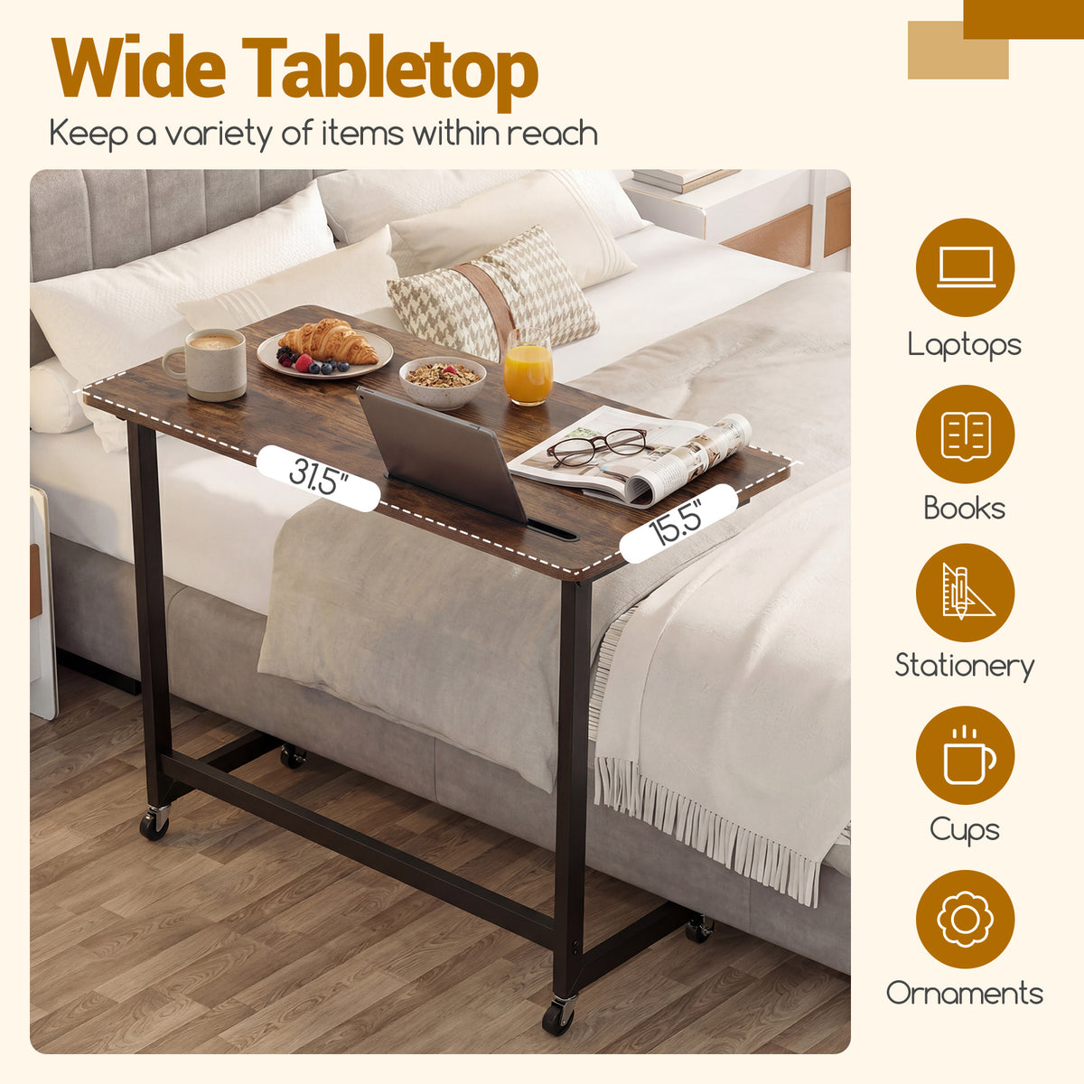 Mobile Laptop Desk Cart with Tablet Slot, Rustic Brown