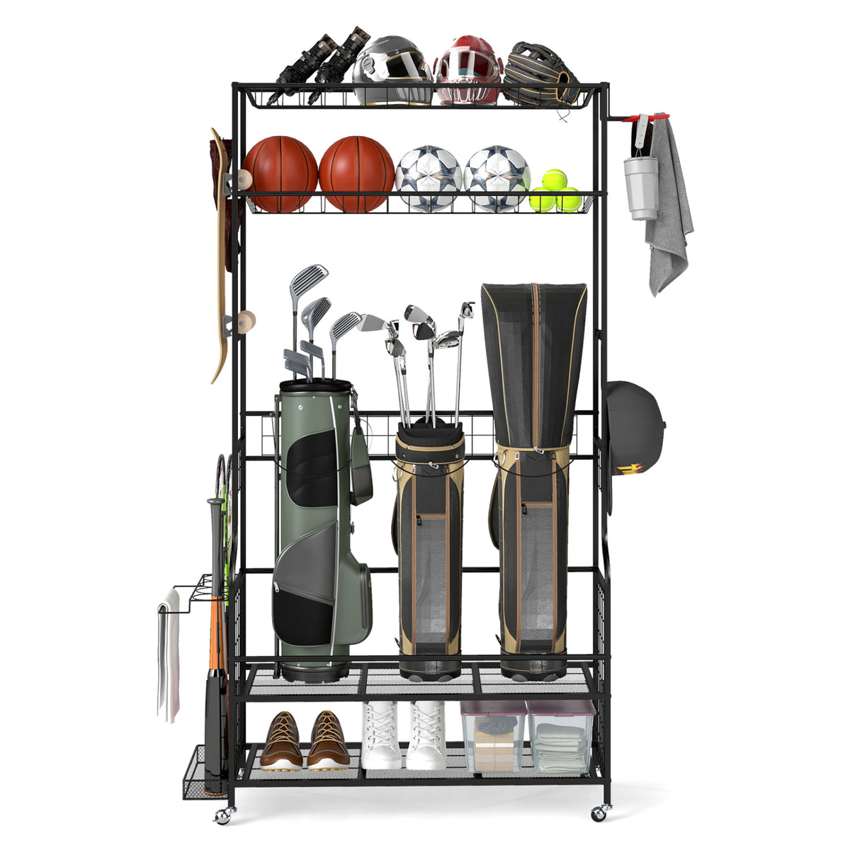 Golf Bag Organizer with Club Rack & 3 Bungee Cords - Black, Flexible Mounting