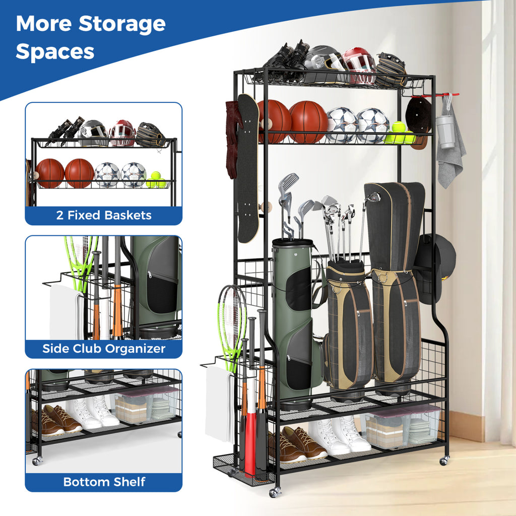 Golf Bag Organizer with Club Rack & 3 Bungee Cords - Black, Flexible Mounting