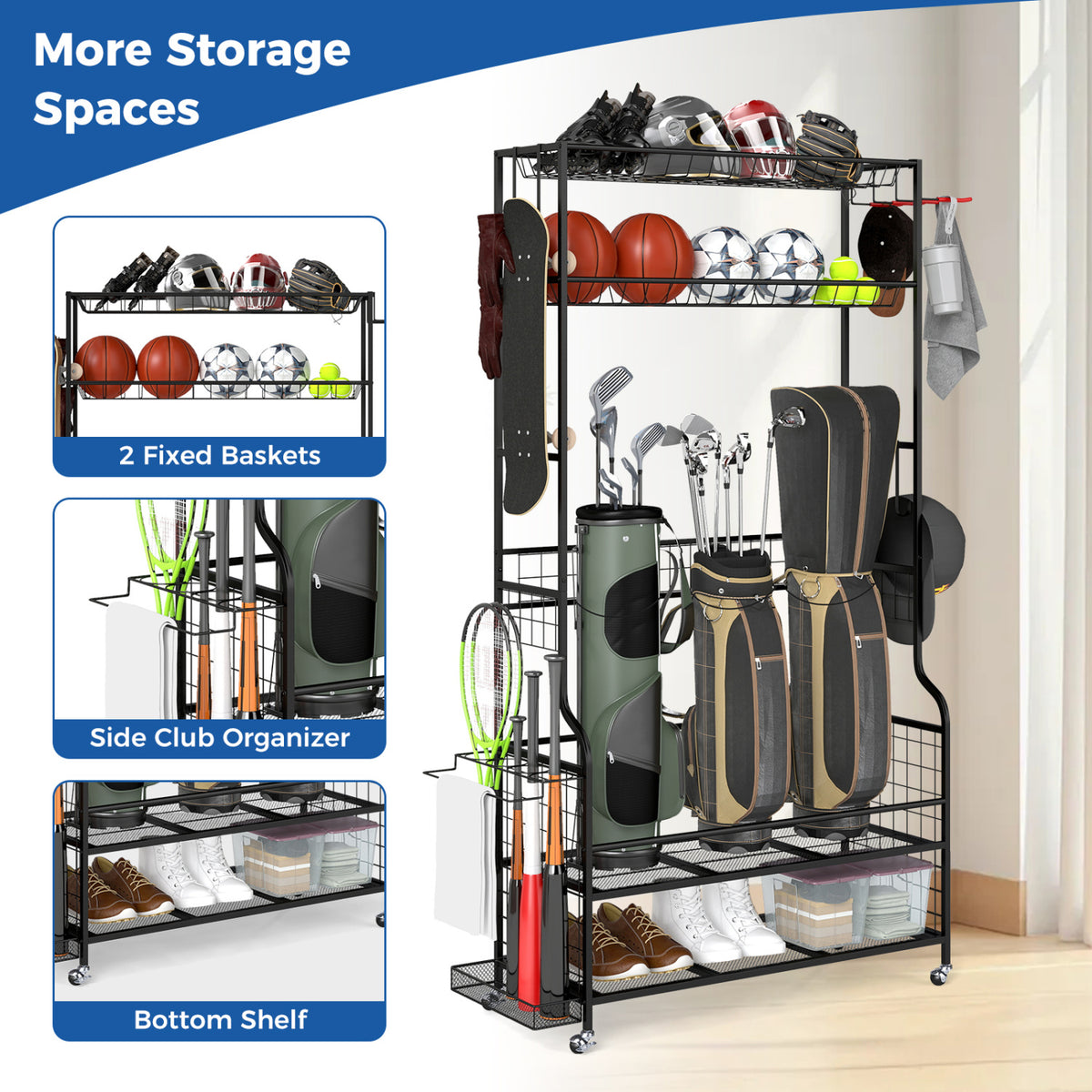 Golf Bag Organizer with Club Rack & 3 Bungee Cords - Black, Flexible Mounting