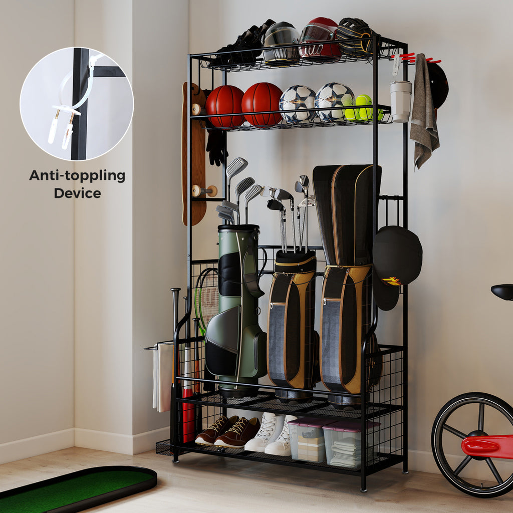 Golf Bag Organizer with Club Rack & 3 Bungee Cords - Black, Flexible Mounting