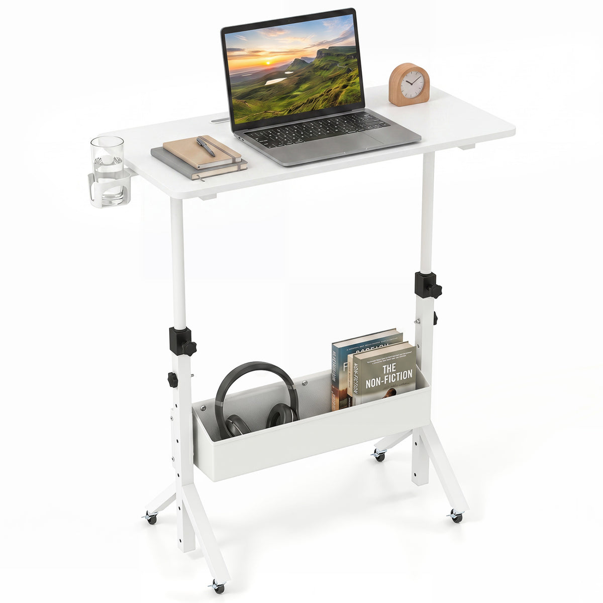 Mobile Standing Desk Height Adjustable Rolling Laptop with Cup Holder