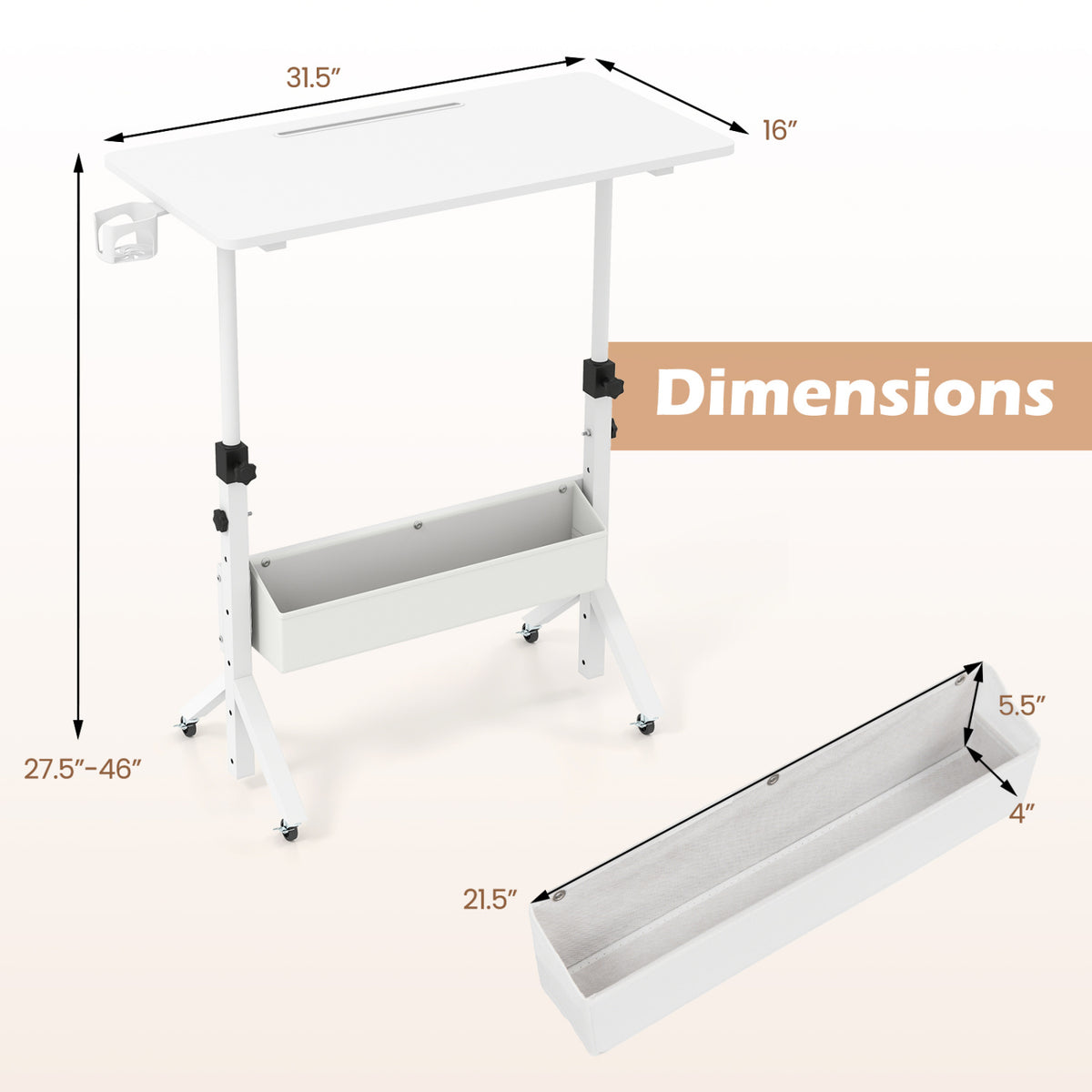 Mobile Standing Desk Height Adjustable Rolling Laptop with Cup Holder
