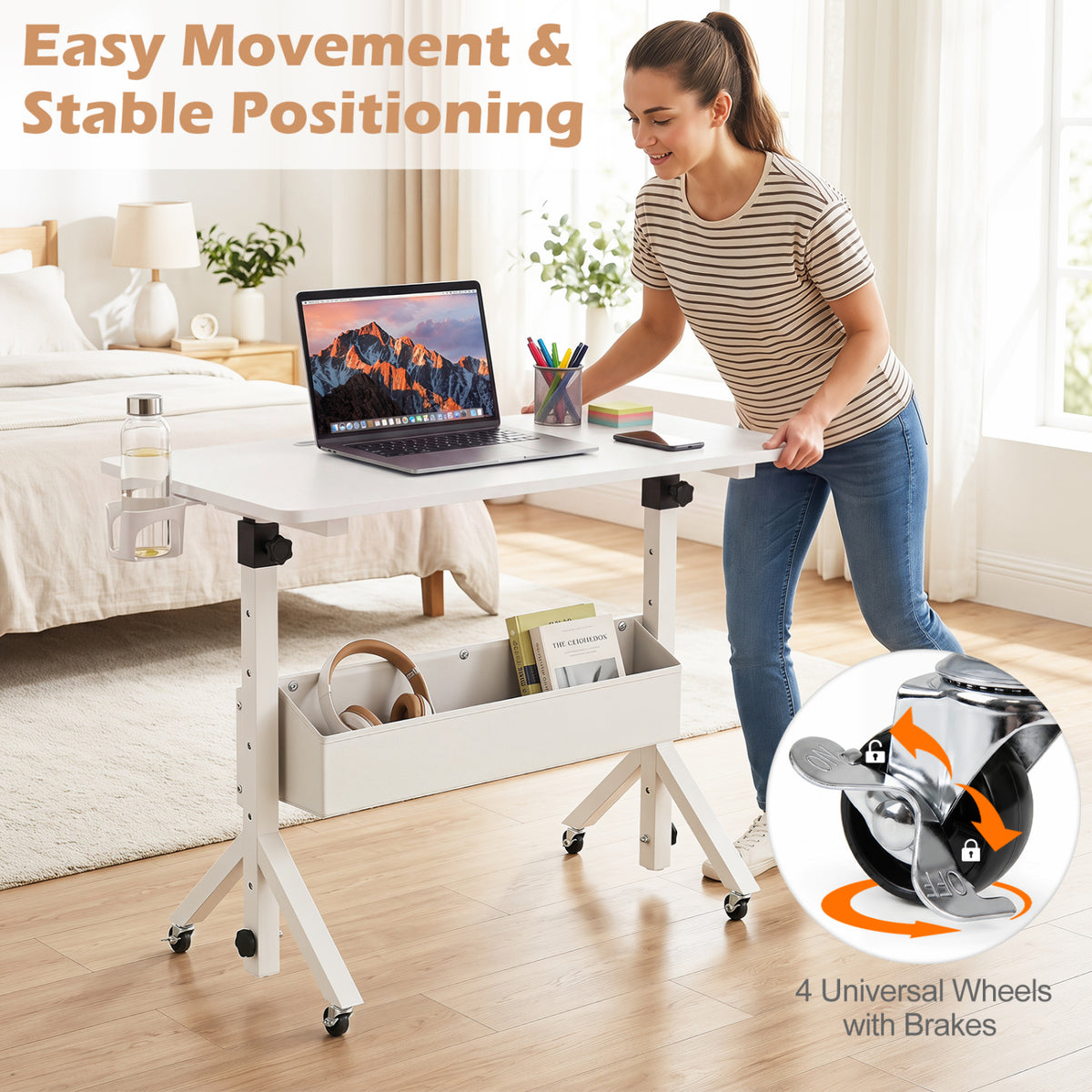 Mobile Standing Desk Height Adjustable Rolling Laptop with Cup Holder
