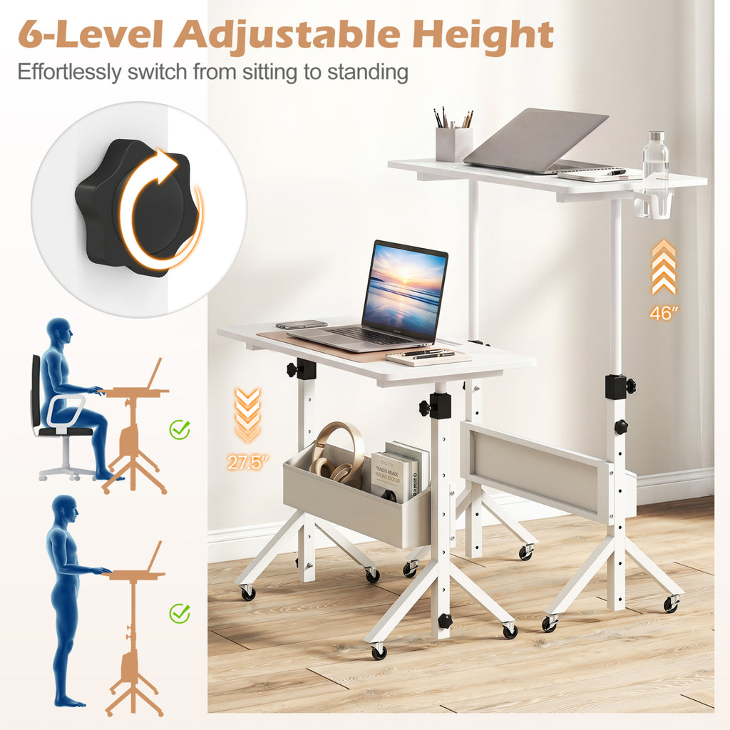 Mobile Standing Desk Height Adjustable Rolling Laptop with Cup Holder