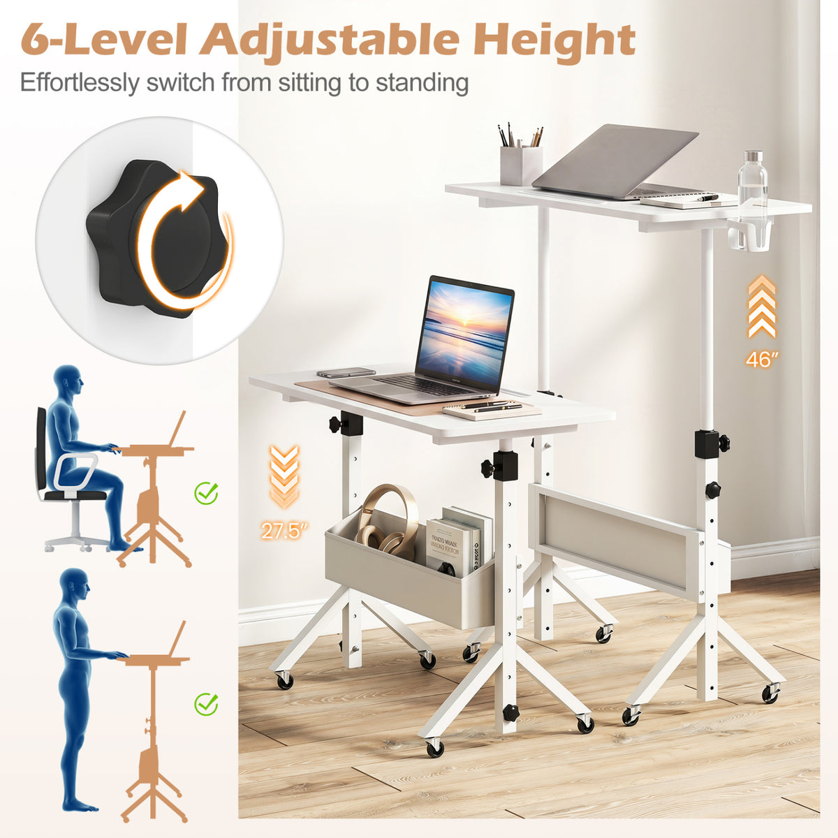 Mobile Standing Desk Height Adjustable Rolling Laptop with Cup Holder