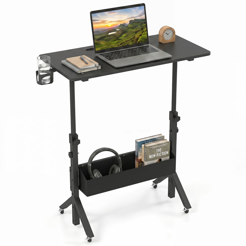 Mobile Standing Desk Height Adjustable Rolling Laptop with Cup Holder