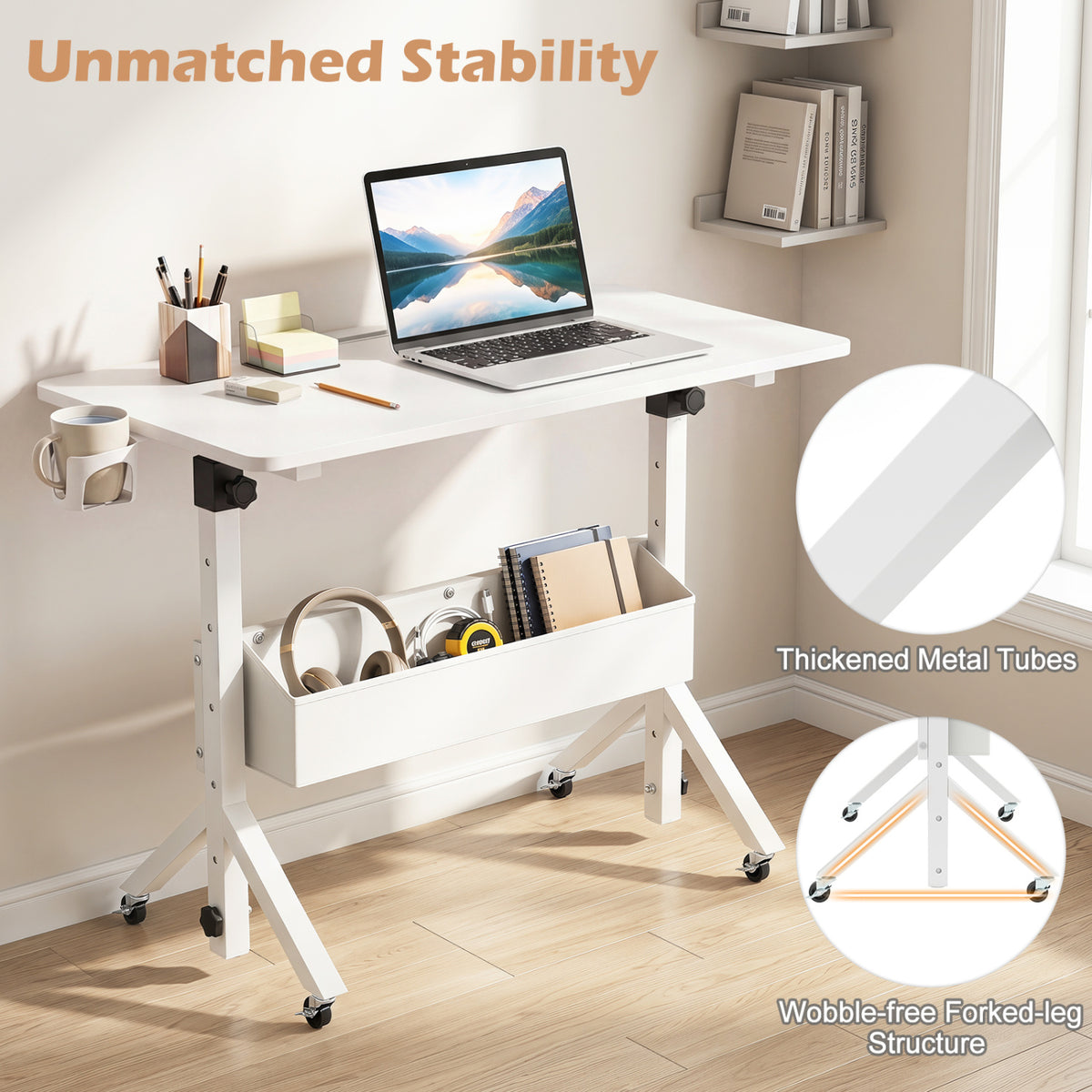 Mobile Standing Desk Height Adjustable Rolling Laptop with Cup Holder