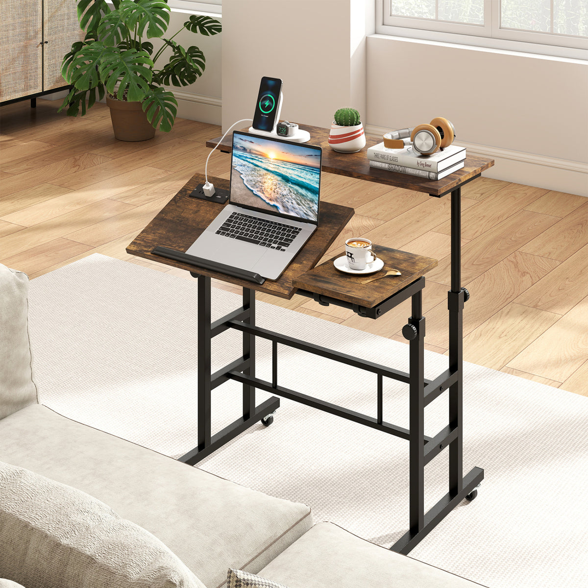 Height Adjustable Mobile Standing Desk with Power Outlets - Rustic Brown