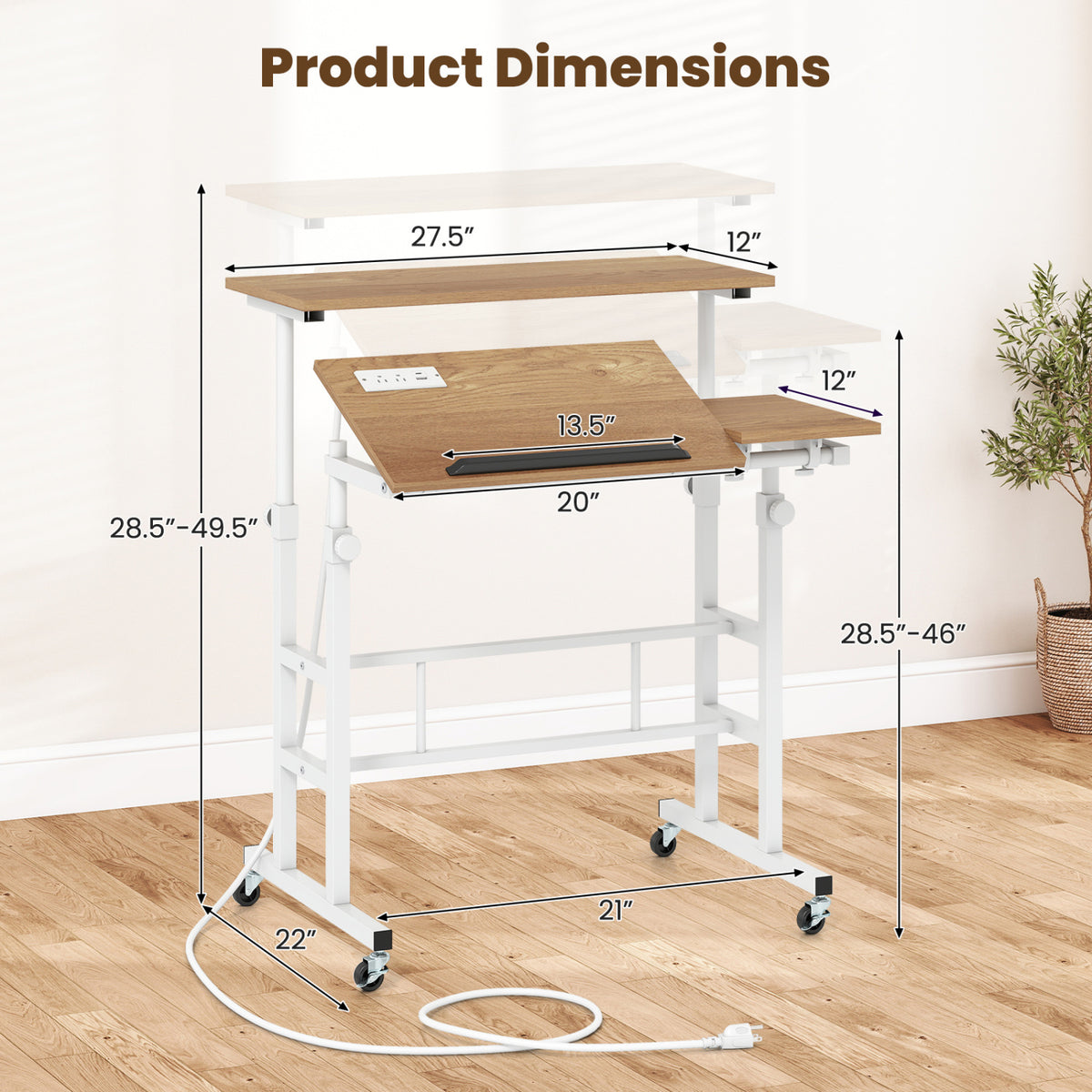 Mobile Stand-up Computer Desk Adjustable with 2 Tilting Desktops