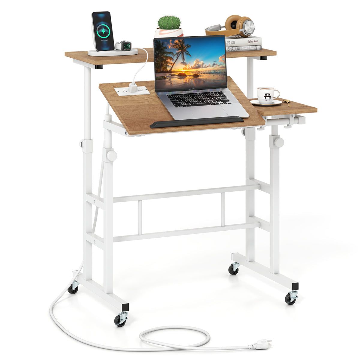Mobile Stand-up Computer Desk Adjustable with 2 Tilting Desktops