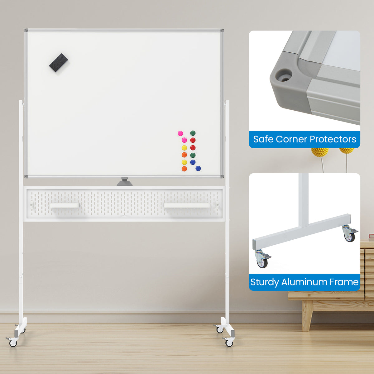 Mobile Whiteboard Adjustable Double-Sided Magnetic Board with Pegboard