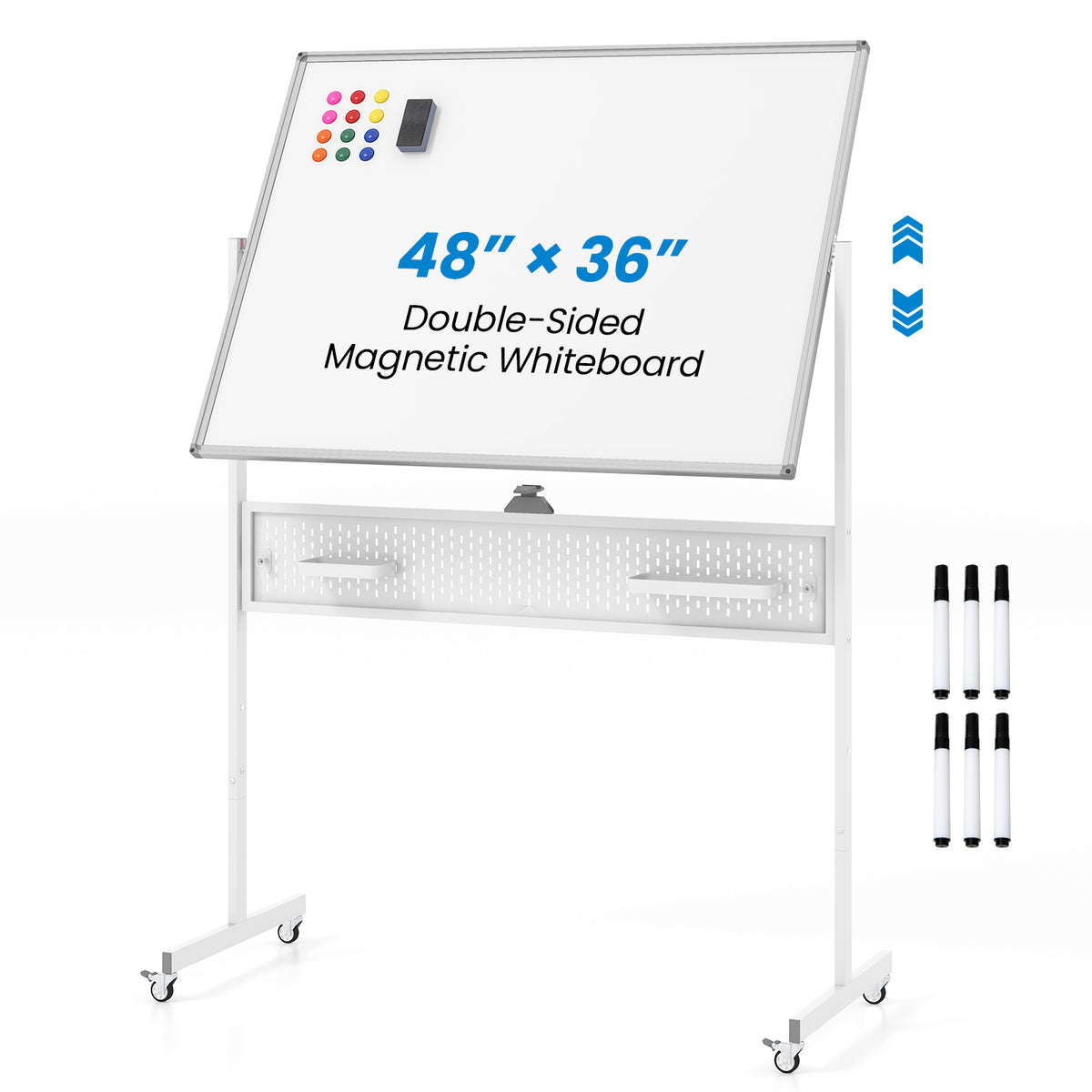 Mobile Whiteboard Adjustable Double-Sided Magnetic Board with Pegboard