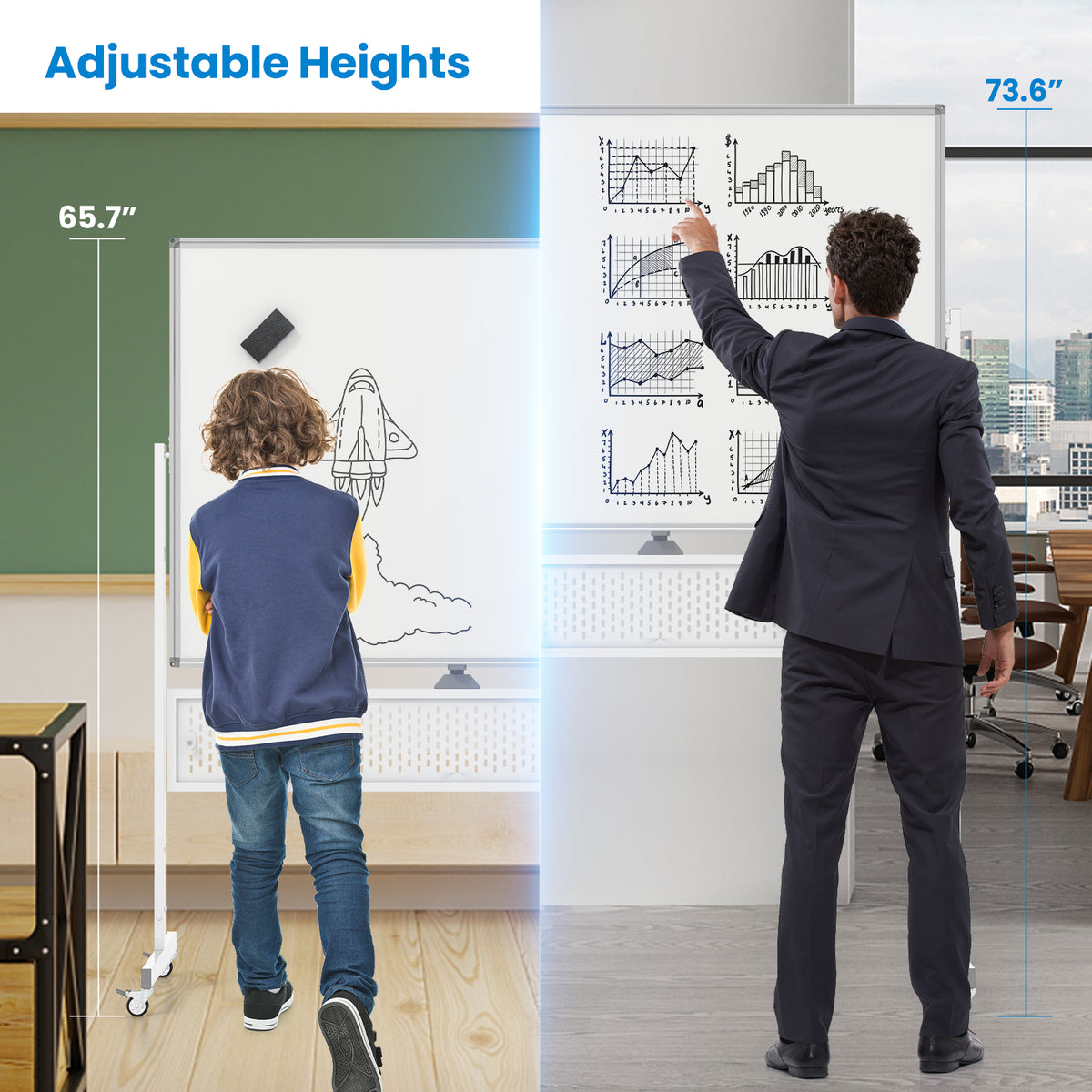 Mobile Whiteboard Adjustable Double-Sided Magnetic Board with Pegboard