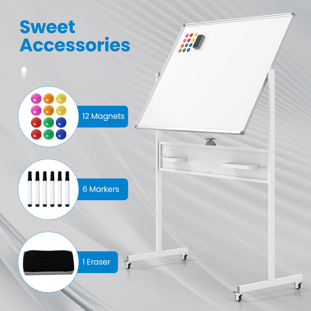 Mobile Whiteboard Adjustable Double-Sided Magnetic Board with Pegboard