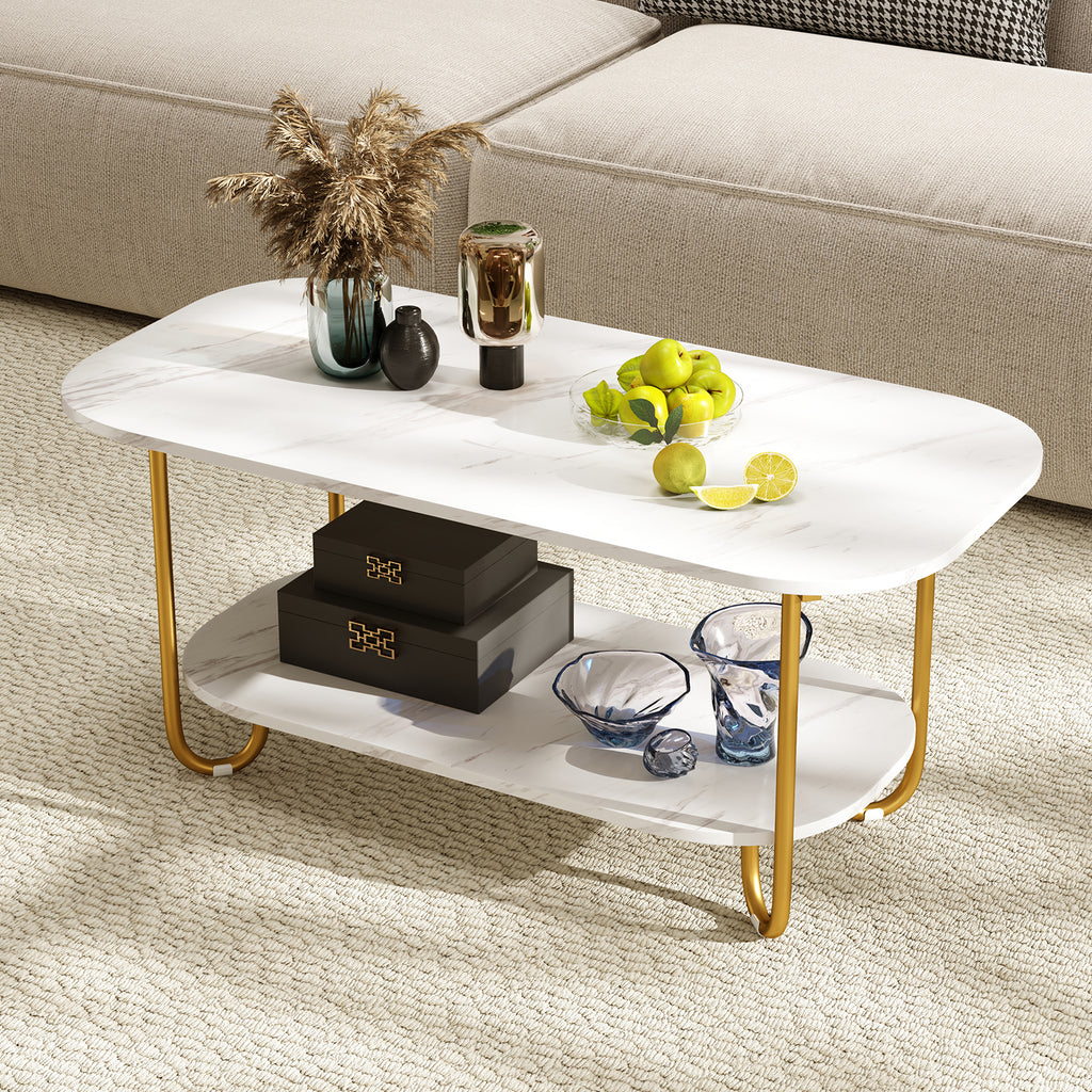 Oval Coffee Table White - Modern 2-Tier Faux Marble