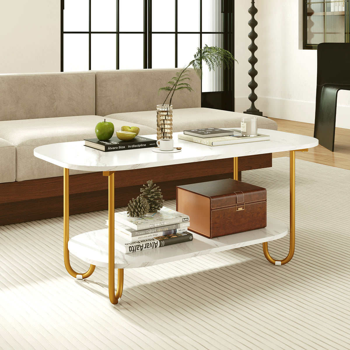 Oval Coffee Table White - Modern 2-Tier Faux Marble
