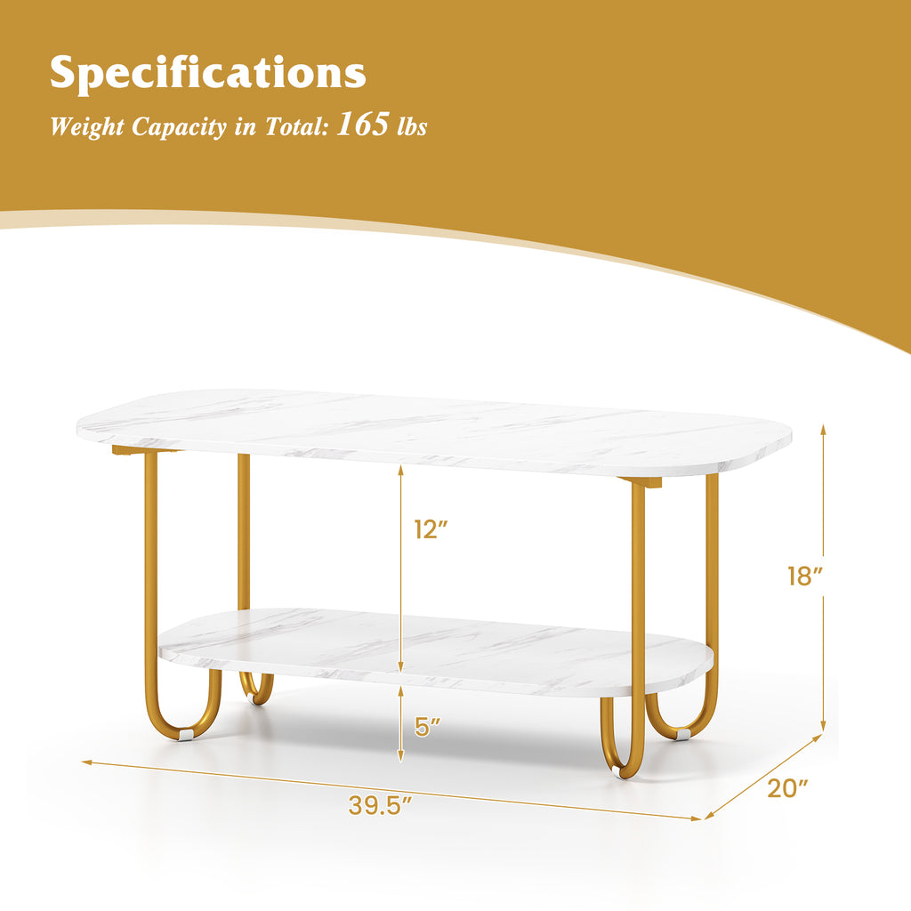Oval Faux Marble Coffee Table - White, 2-Tier Storage