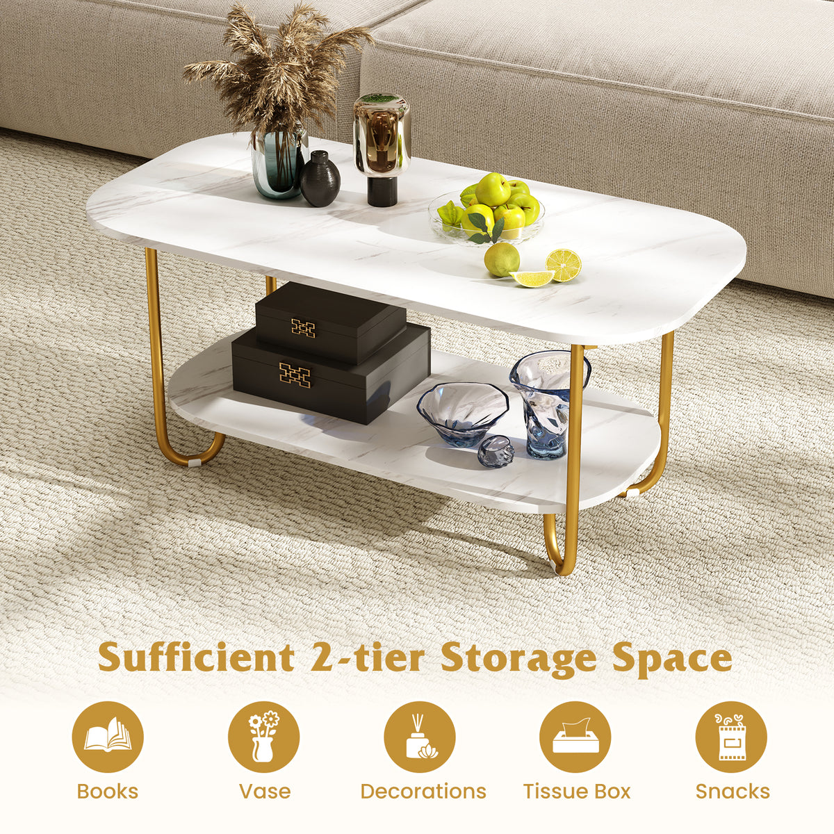 Oval Coffee Table White - Modern 2-Tier Faux Marble