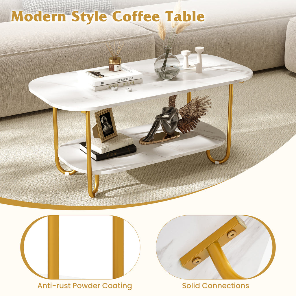Oval Faux Marble Coffee Table - White, 2-Tier Storage