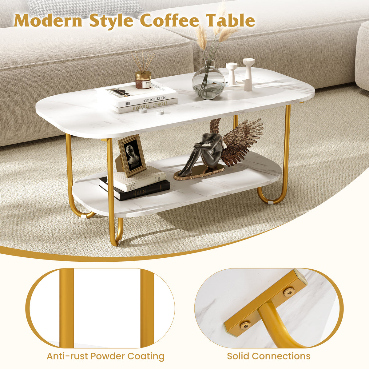 Oval Faux Marble Coffee Table - White, 2-Tier Storage