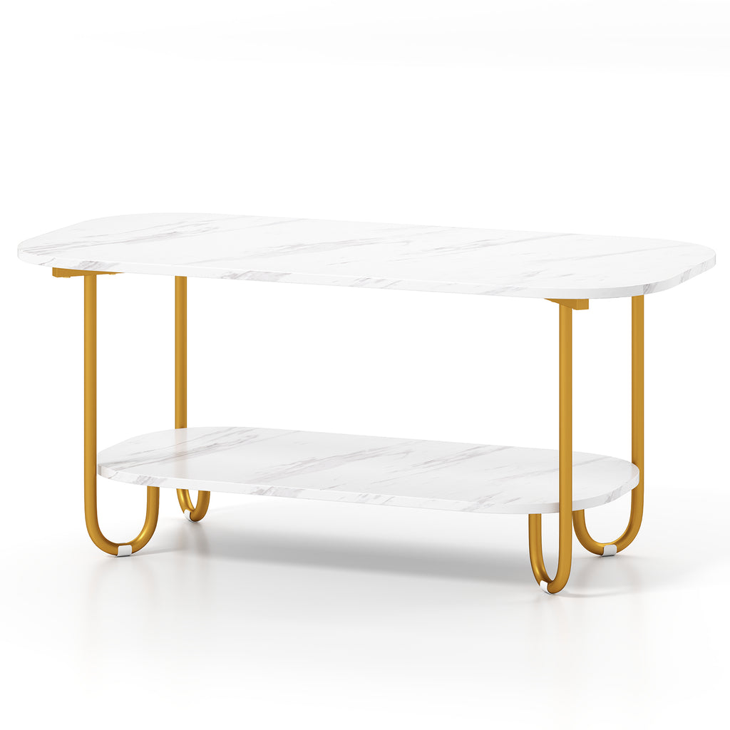 Oval Faux Marble Coffee Table - White, 2-Tier Storage