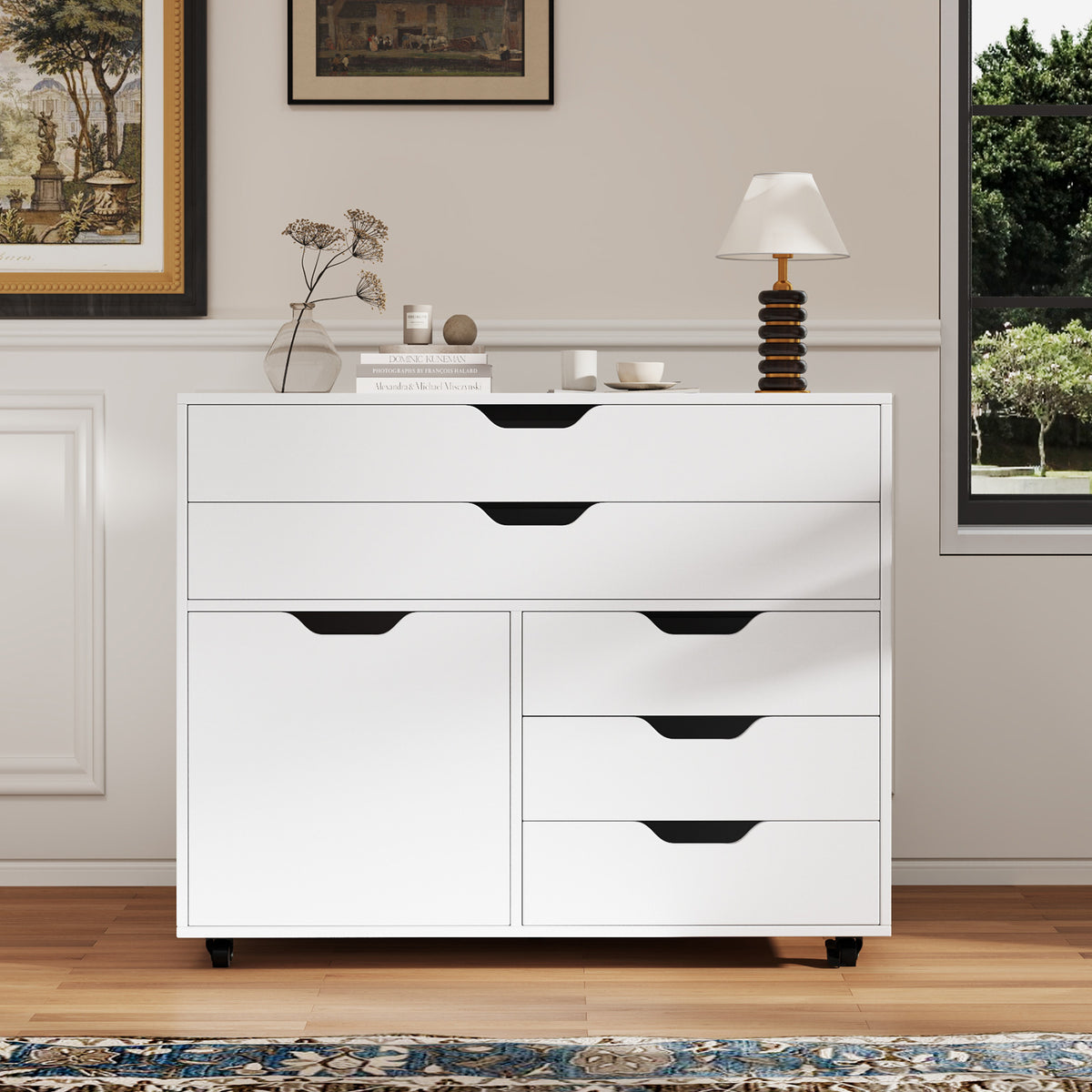 5-Drawer Mobile Storage Chest with Cabinet Door, Brown