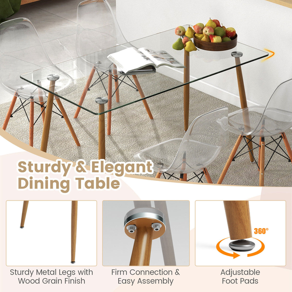 5-Piece Dining Table Set with 51" Glass Top - White