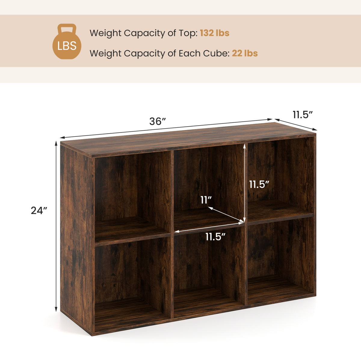 6-Cube Bookcase with Anti-Tipping Kits - Rustic Brown