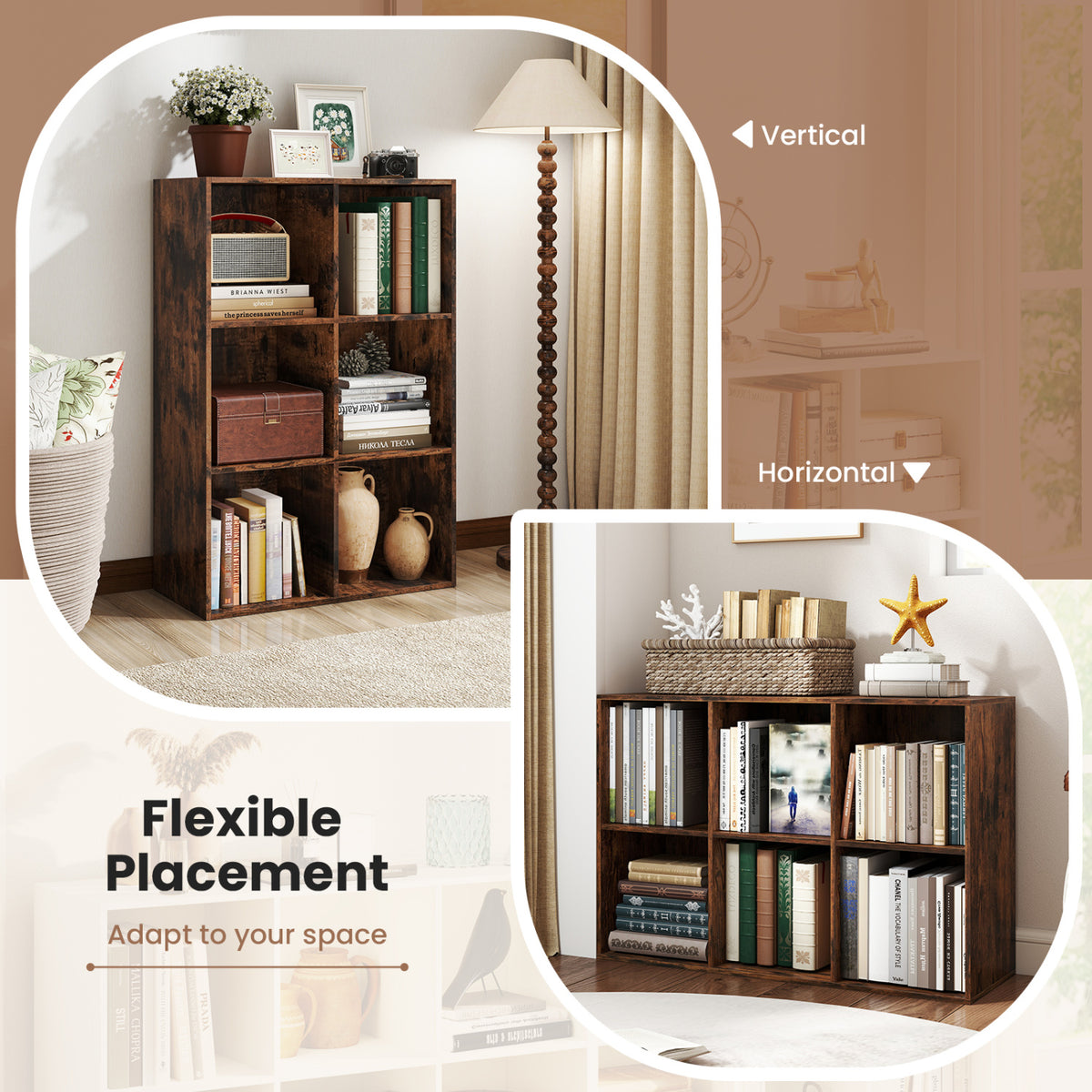 6-Cube Bookcase with Anti-Tipping Kits - Rustic Brown