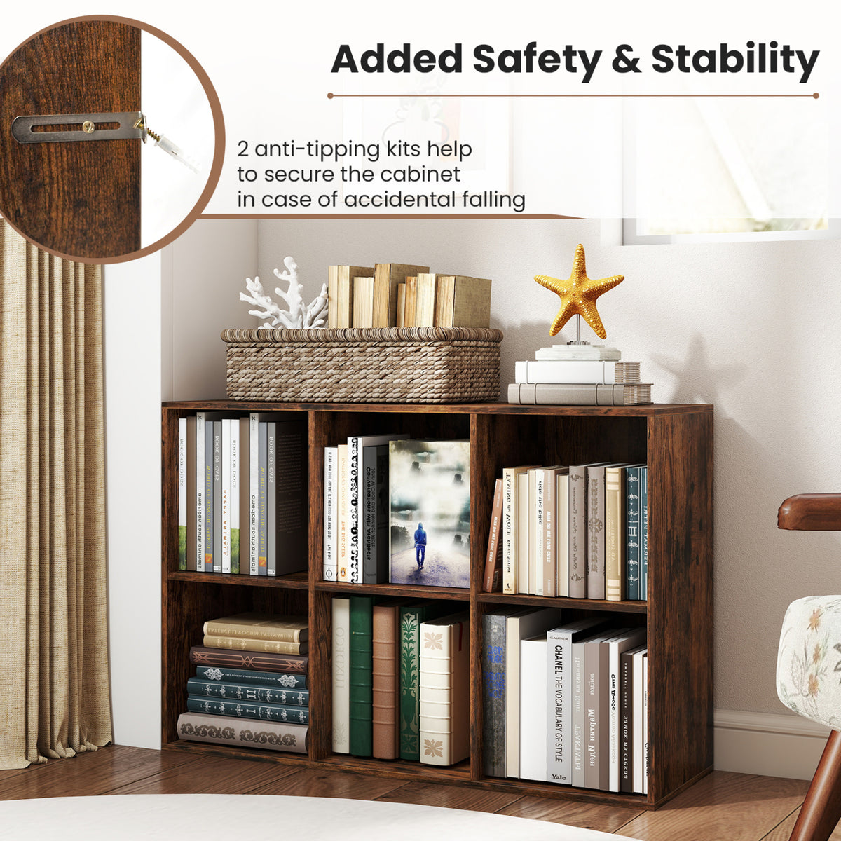 6-Cube Bookcase with Anti-Tipping Kits - Rustic Brown