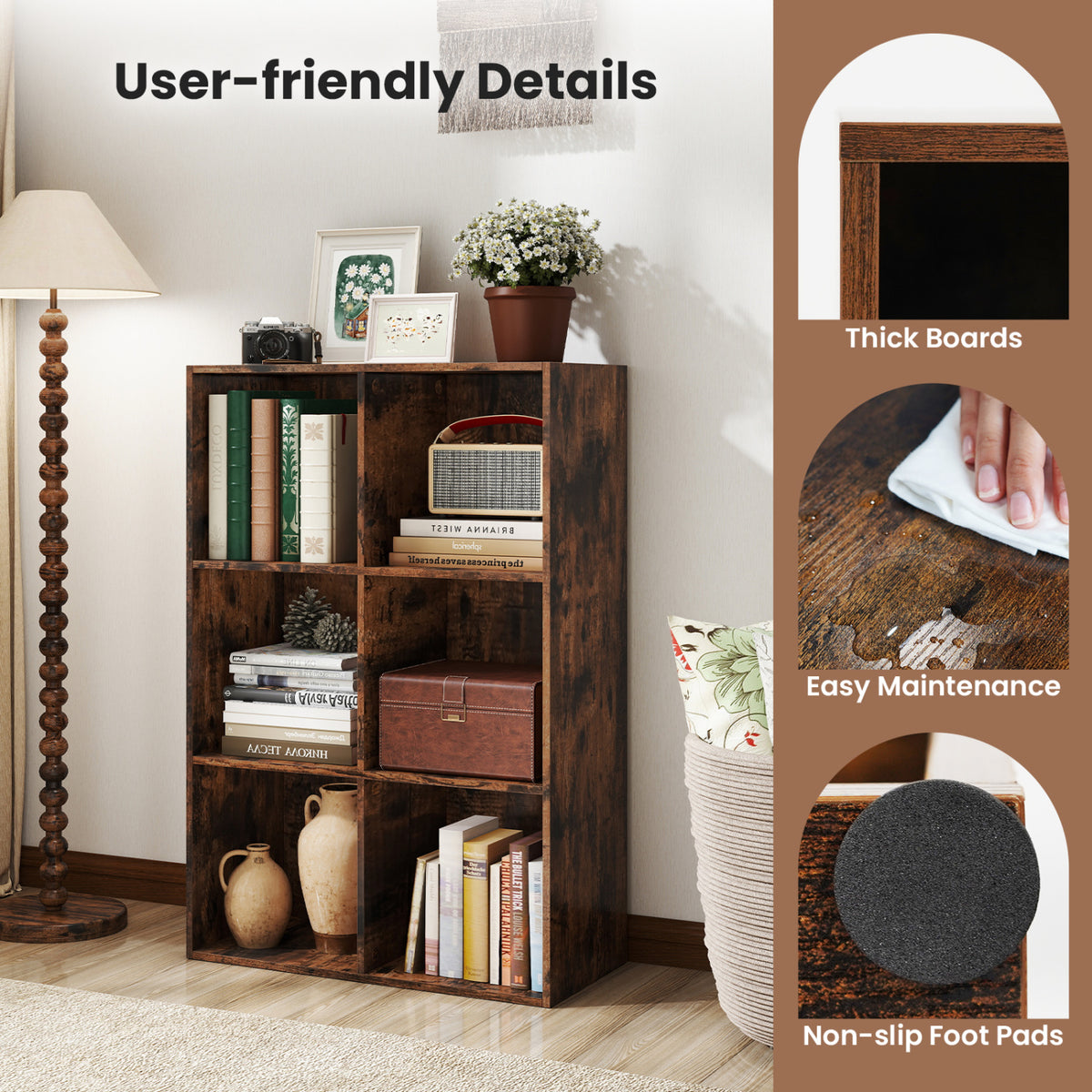 6-Cube Bookcase with Anti-Tipping Kits - Rustic Brown