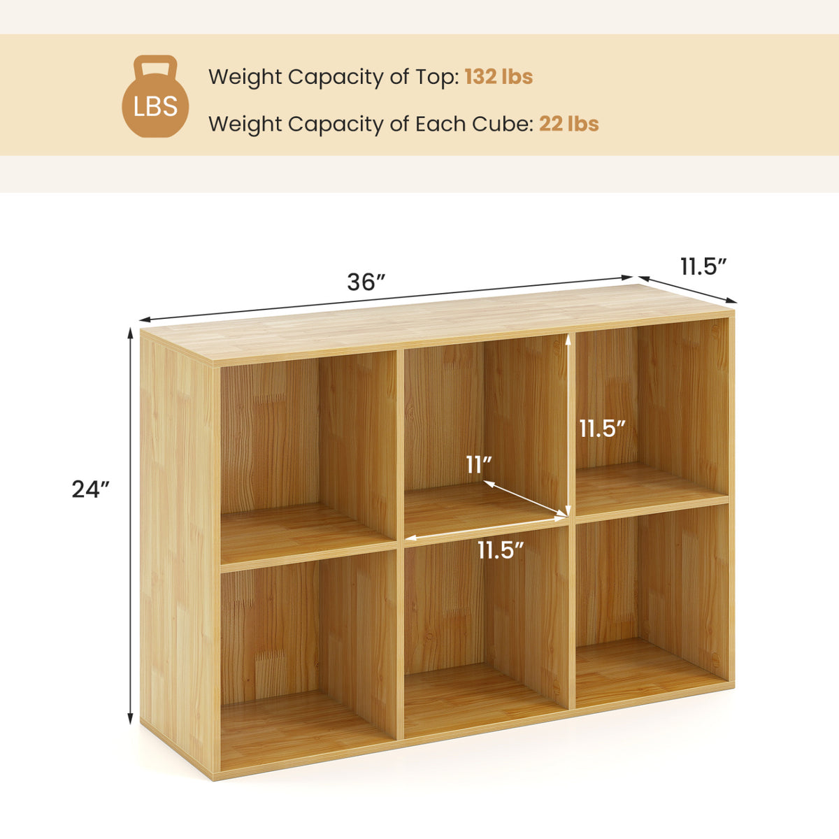 6-Cube Bookcase with Anti-Tipping Kit, Light Brown