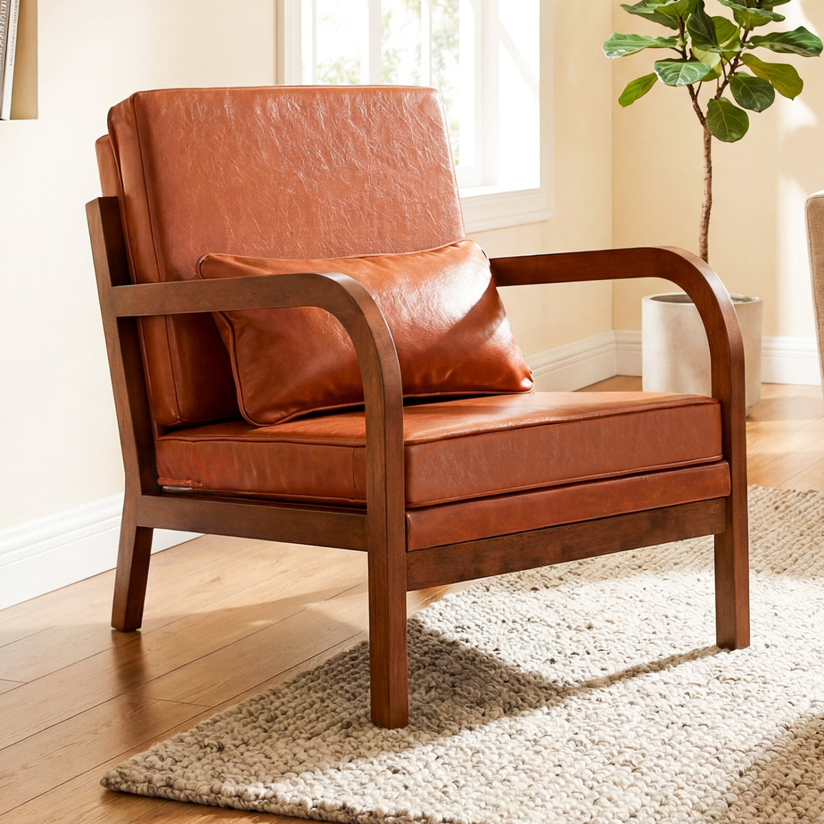 Modern Accent Chair Faux Leather Upholstered Armchair – Brown