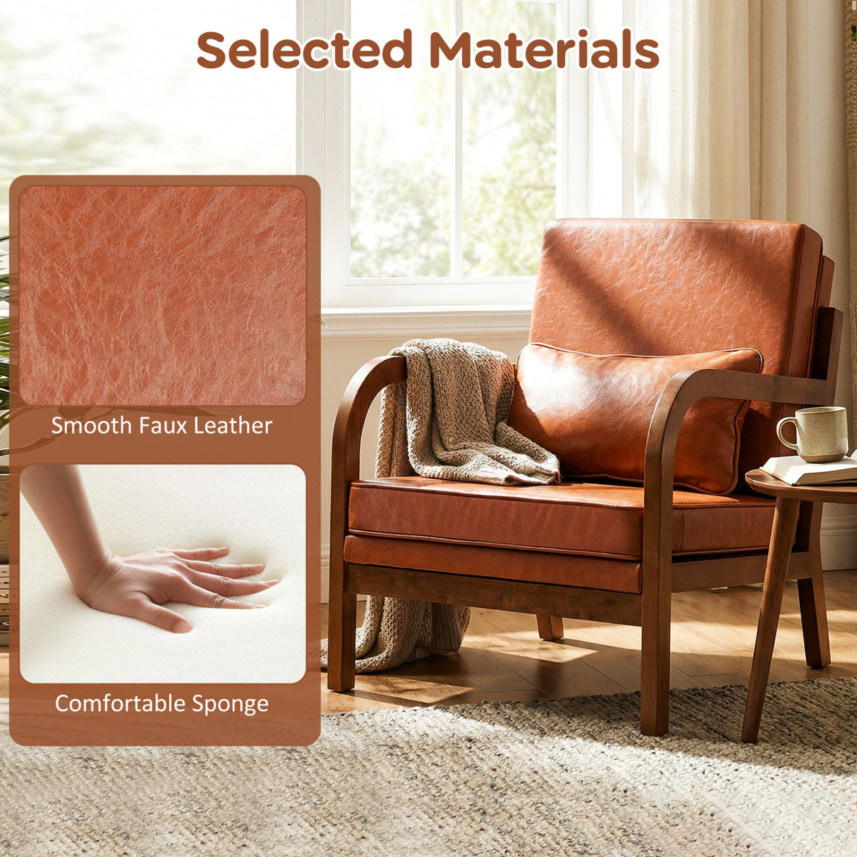 Modern Accent Chair Faux Leather Upholstered Armchair – Brown