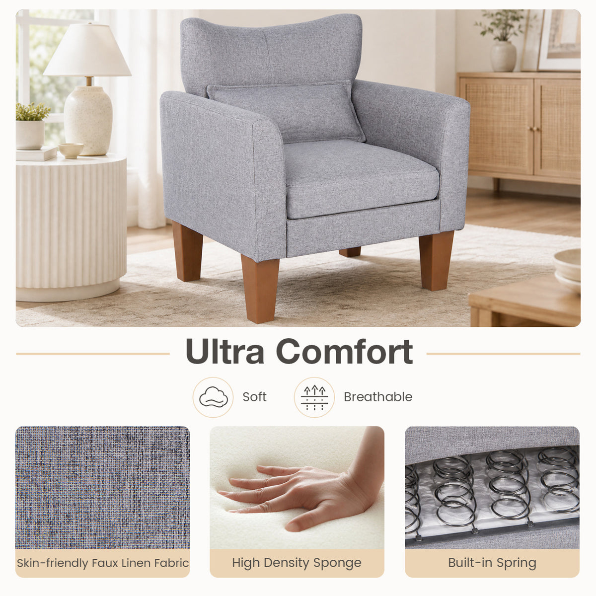 Modern Accent Chair with Removable Cushion & Pillow - Gray