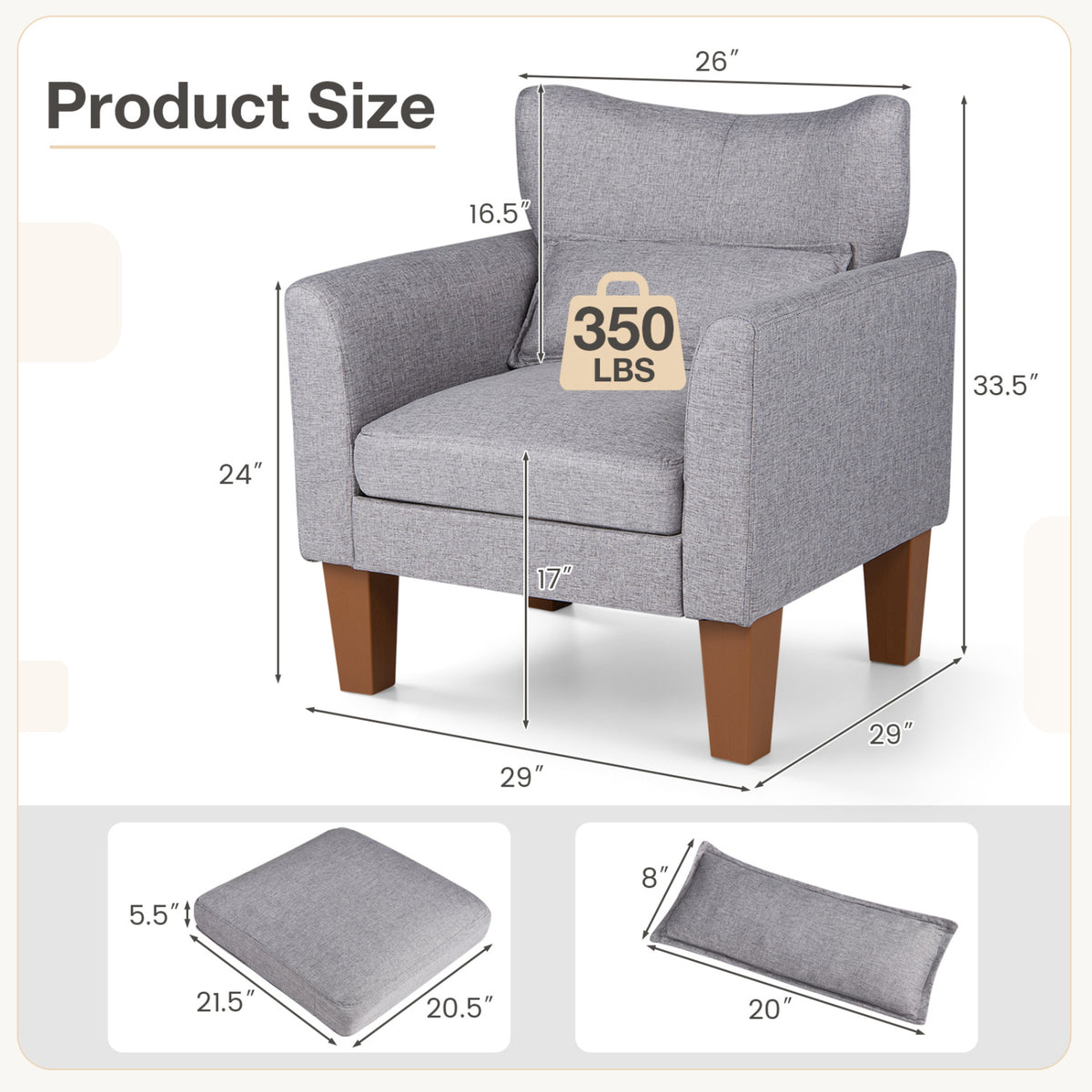 Modern Accent Chair with Removable Cushion & Pillow - Gray