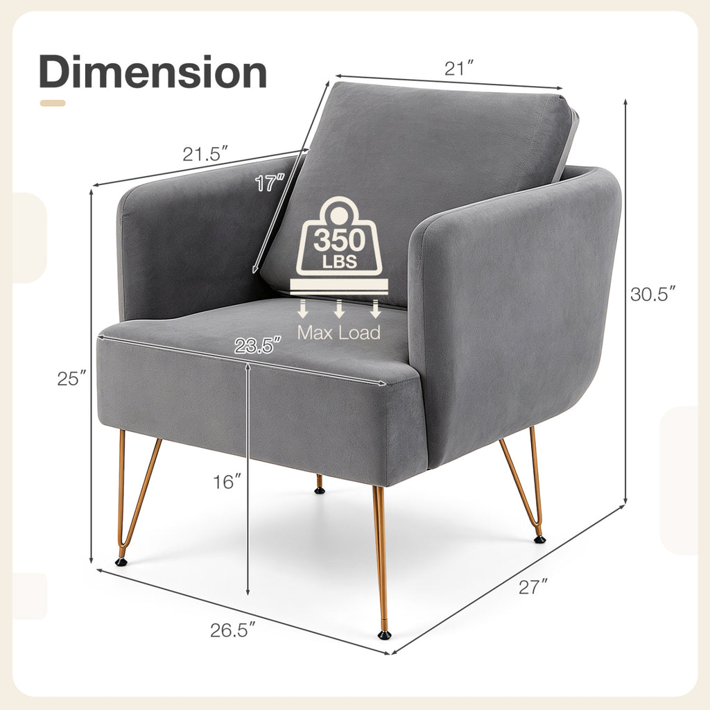 Modern Accent Chair with Back Cushion & Golden Metal Legs - Gray