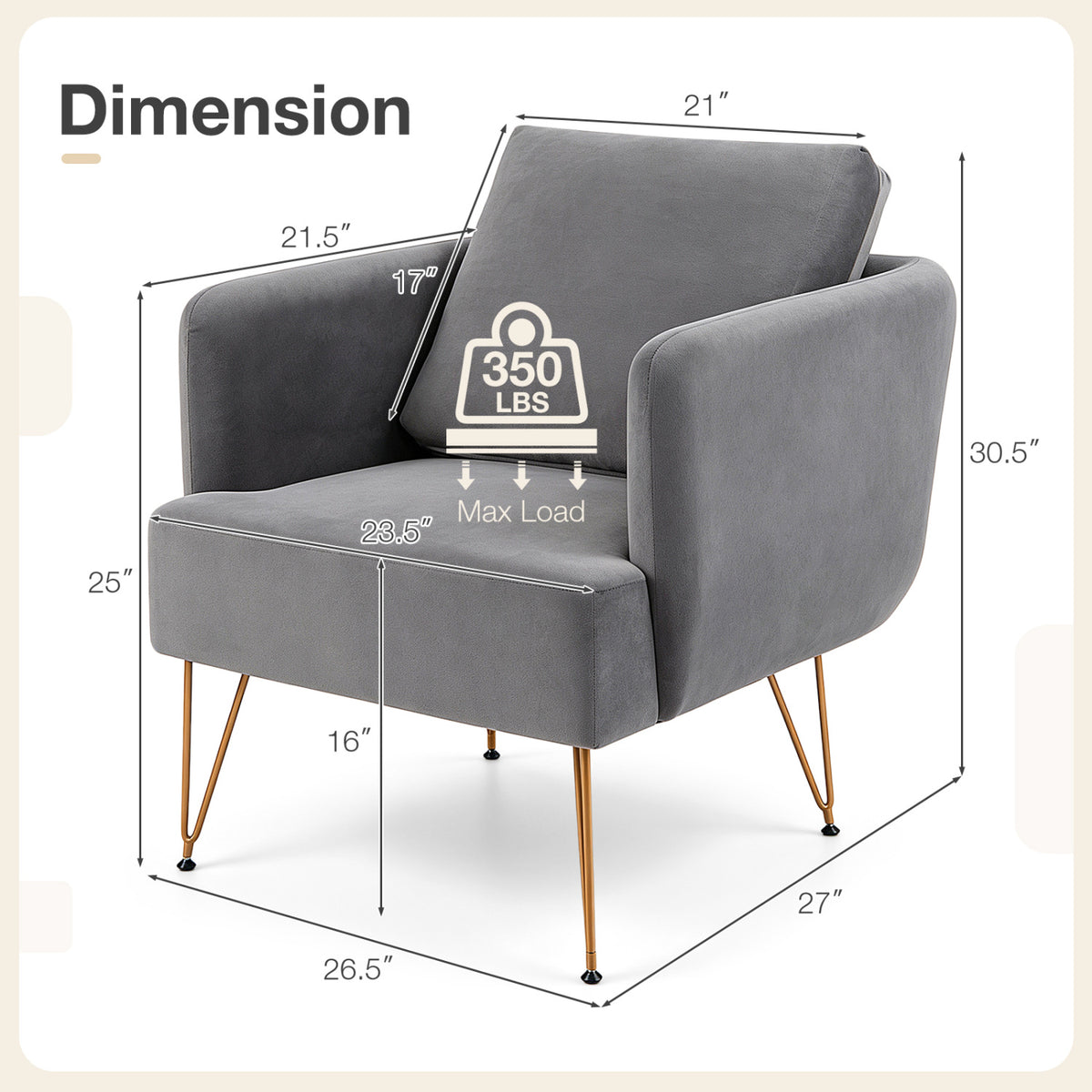 Modern Accent Chair with Back Cushion & Golden Metal Legs - Gray