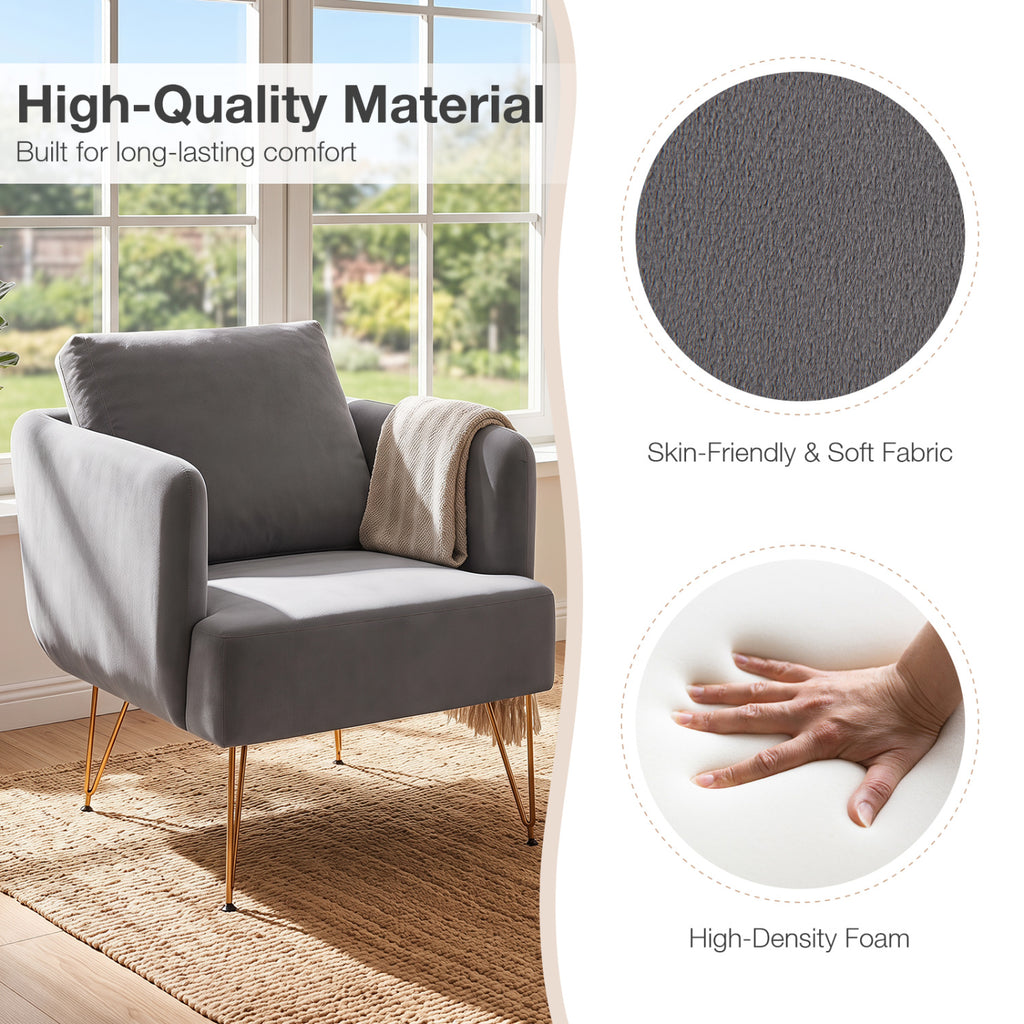 Modern Accent Chair with Back Cushion & Golden Metal Legs - Gray