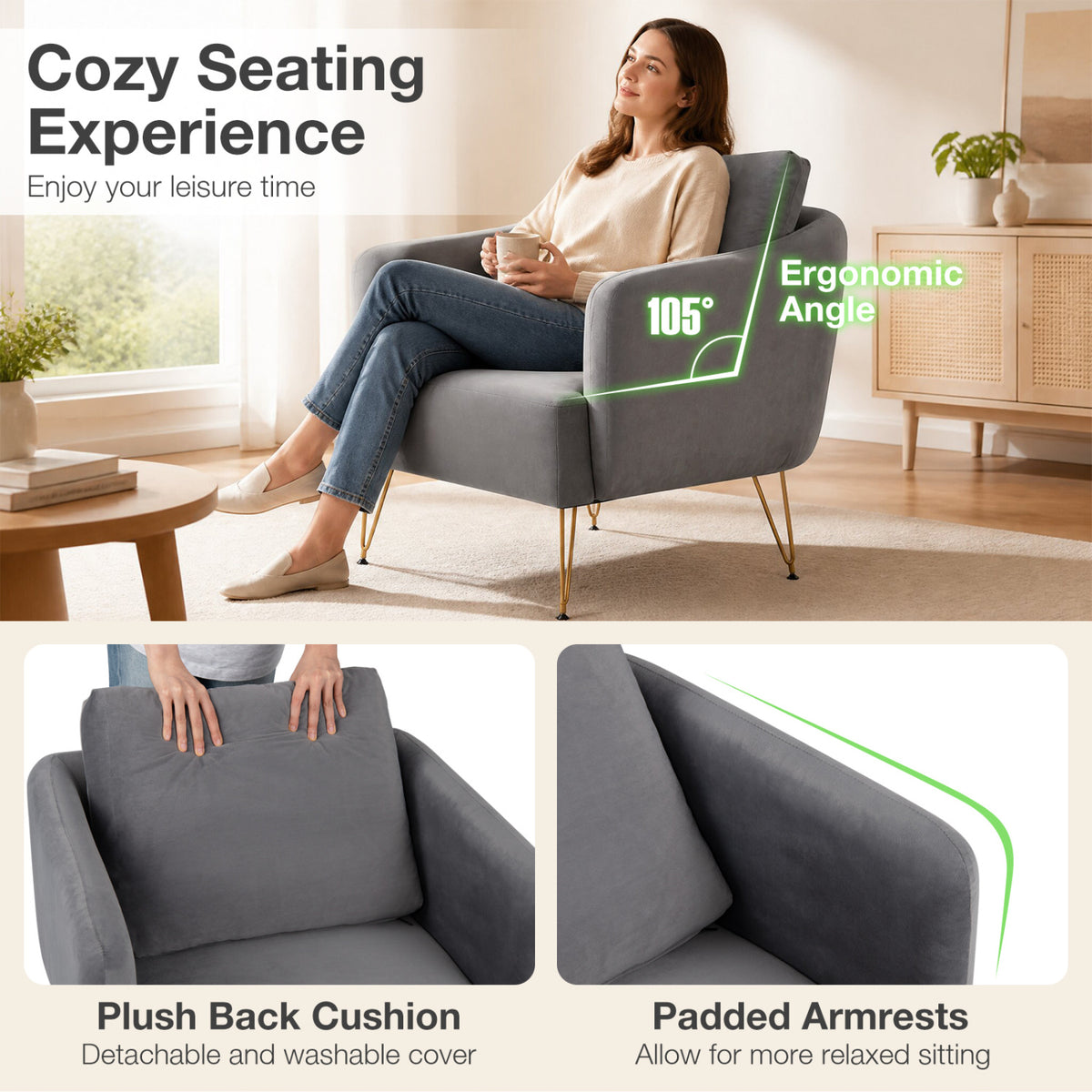 Modern Accent Chair with Back Cushion & Golden Metal Legs - Gray
