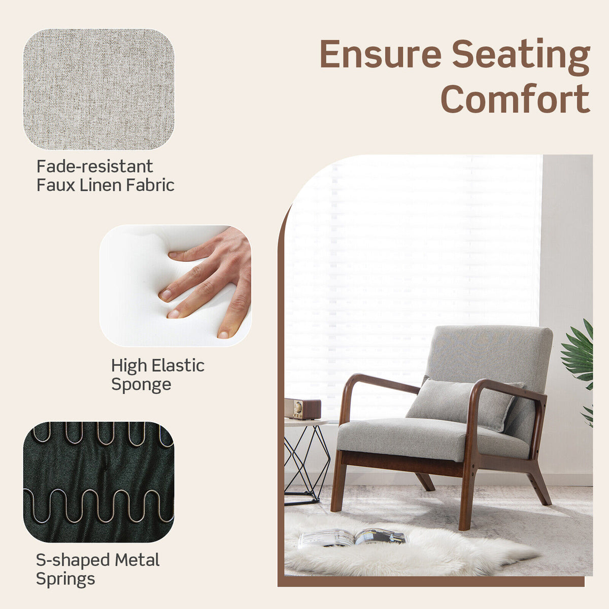 Modern Accent Chair with Lumbar Pillow, Gray Polyester Fabric