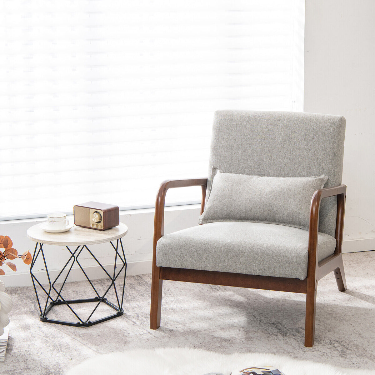 Modern Accent Chair with Lumbar Pillow, Gray Polyester Fabric