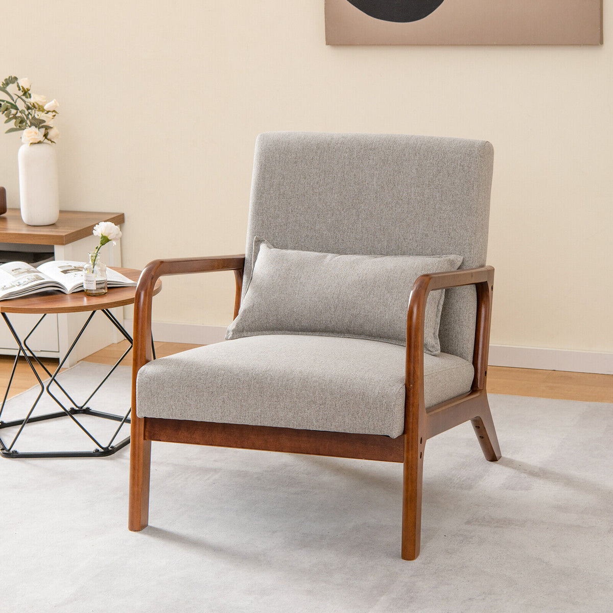 Modern Accent Chair with Lumbar Pillow, Gray Polyester Fabric