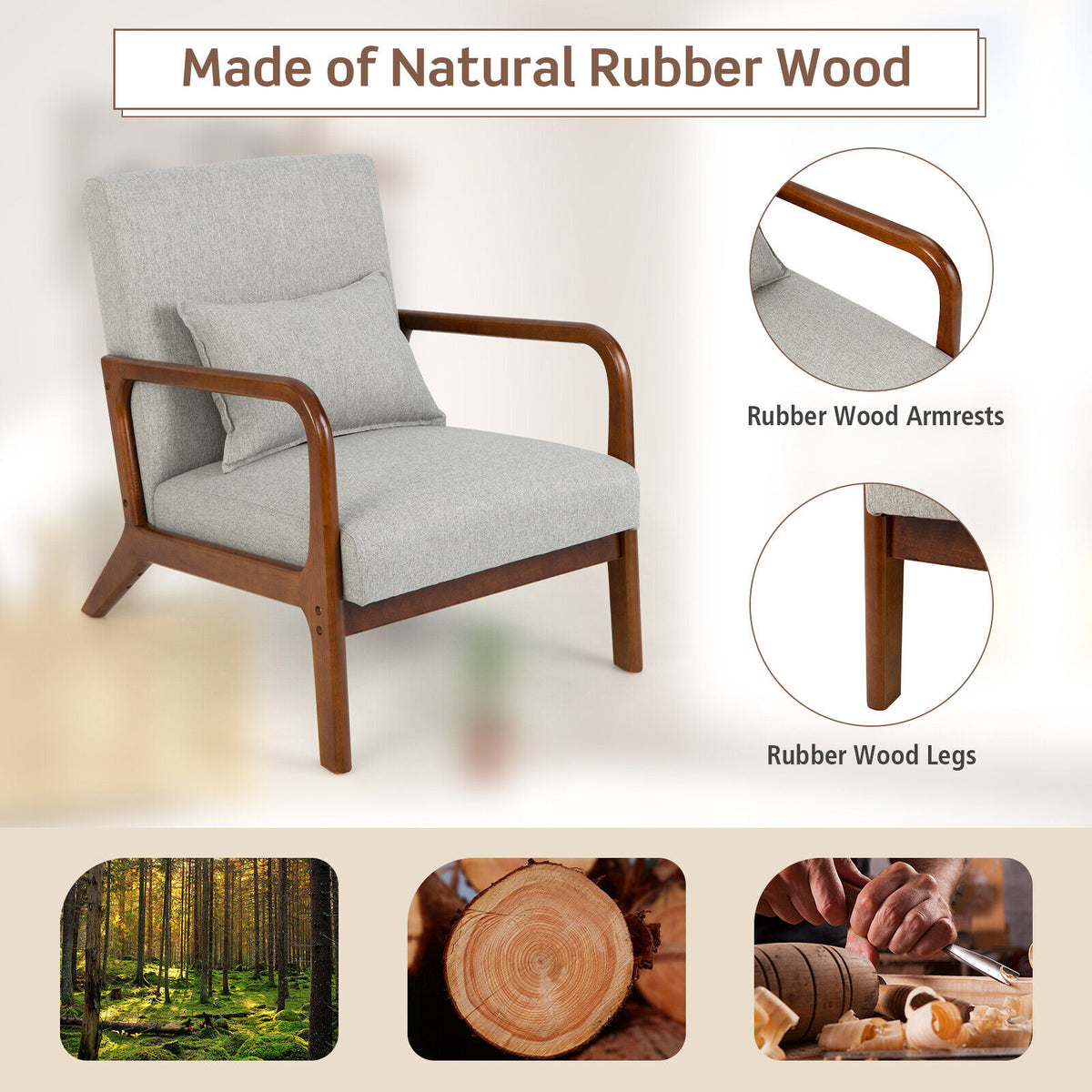 Modern Accent Chair with Lumbar Pillow, Gray Polyester Fabric