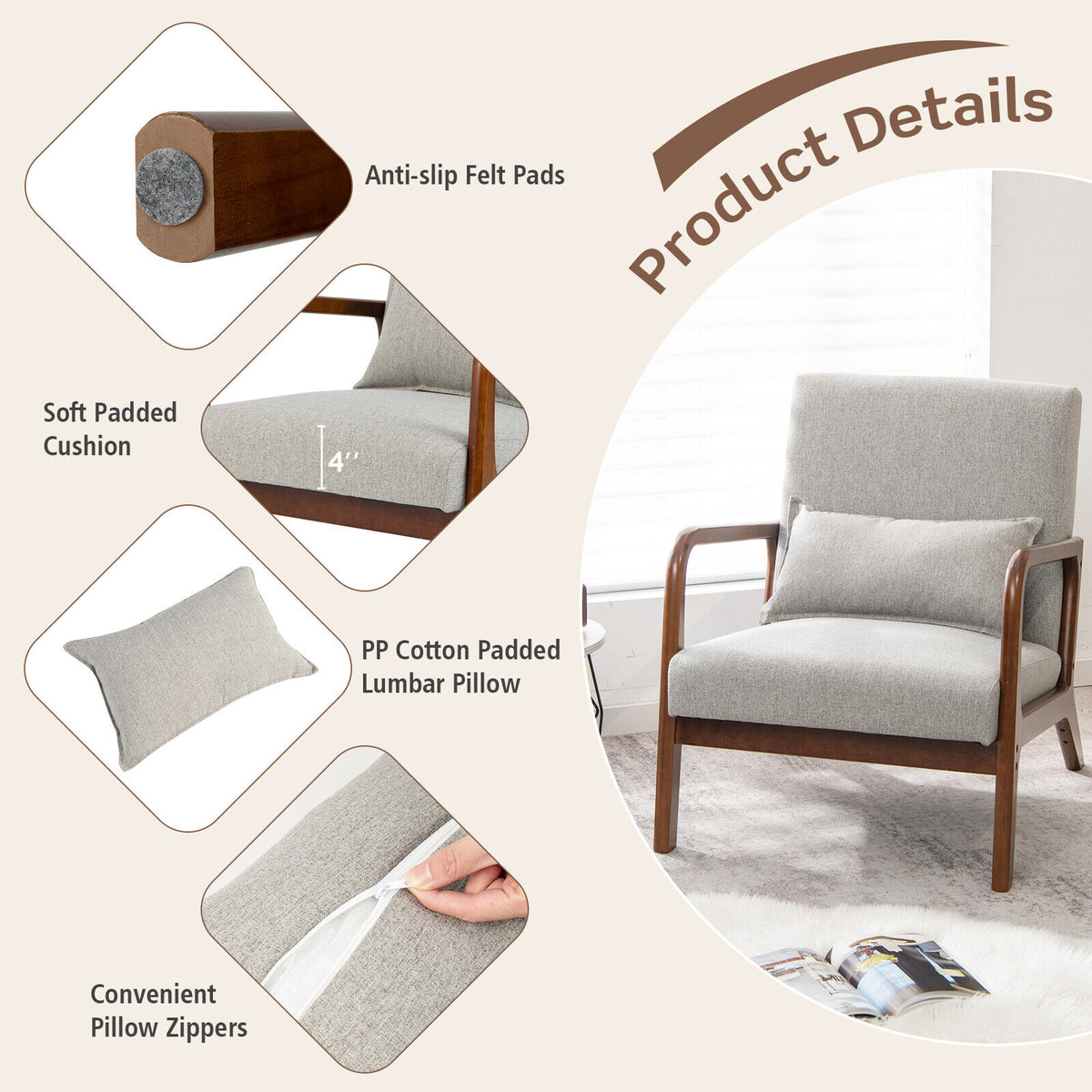 Modern Accent Chair with Lumbar Pillow, Gray Polyester Fabric
